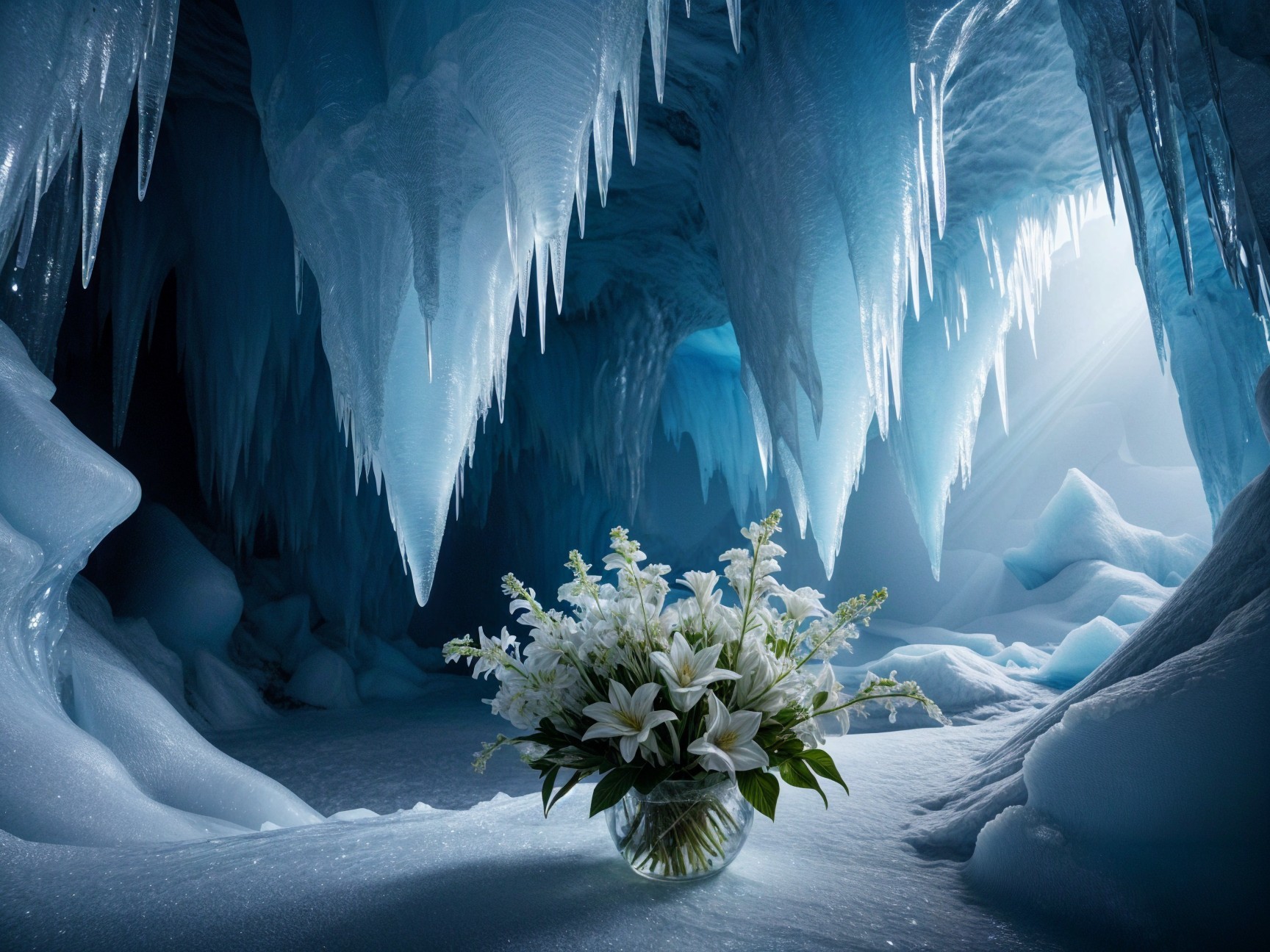 Ice Cave with Crystalline Formations and White Lilies