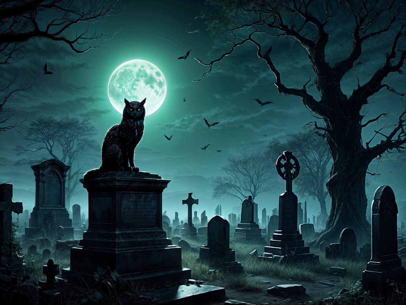Moonlit Graveyard with Owl and Bats at Night