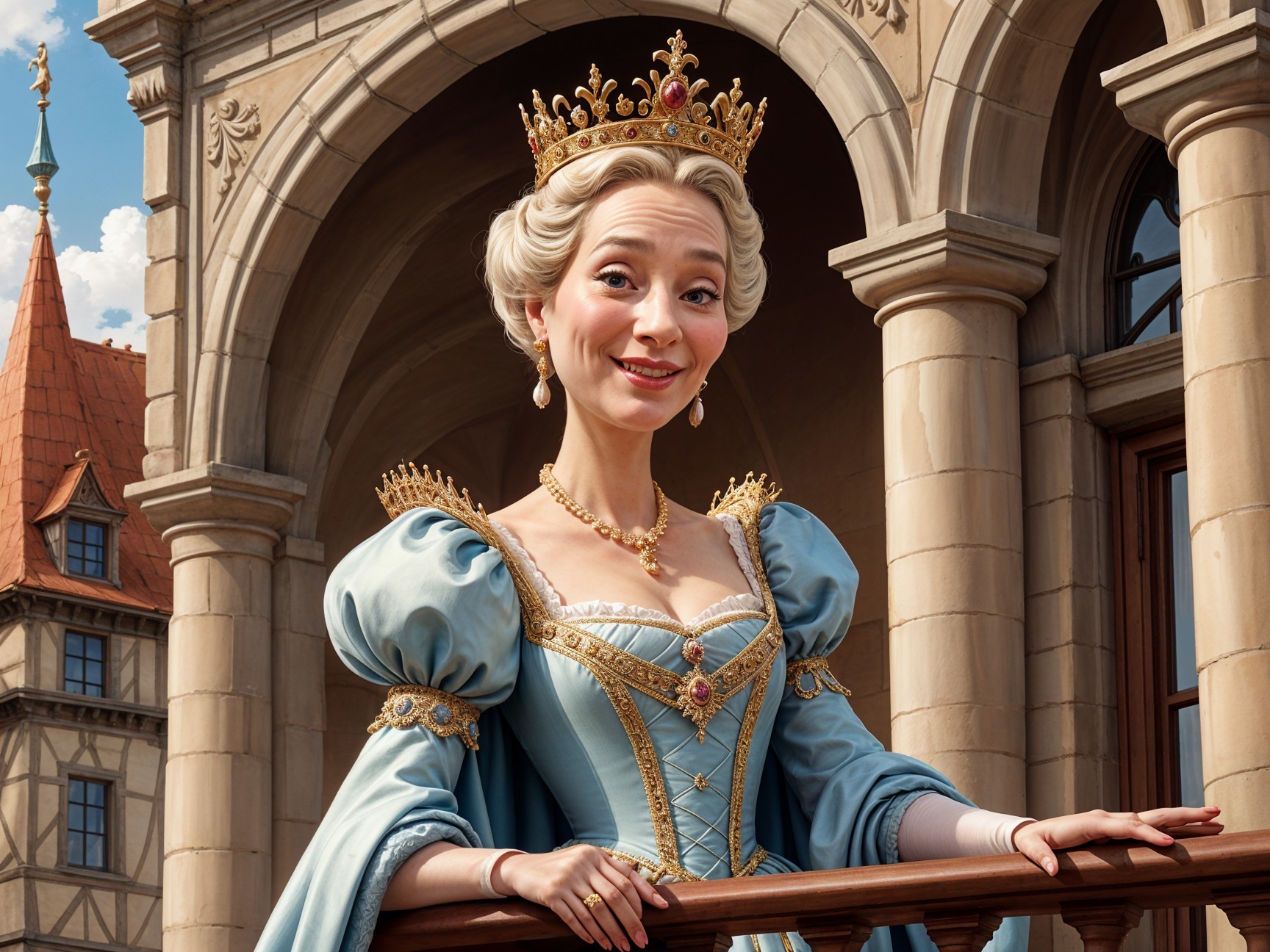 Regal animated queen on castle balcony in blue gown