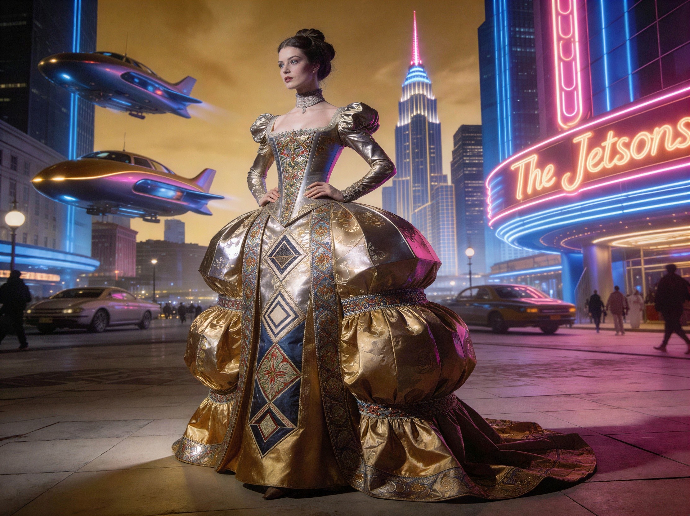 Futuristic Retro Scene with Woman in Gold Gown
