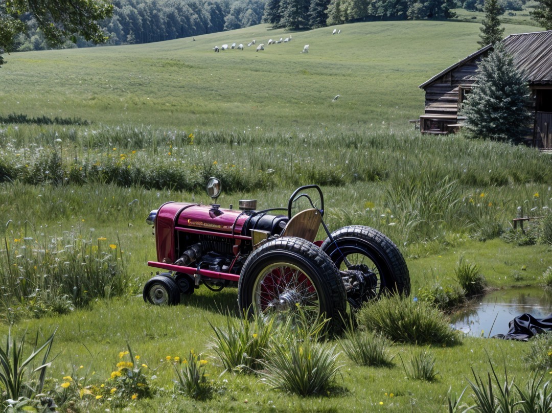 Vintage Red Tractor in Idyllic Countryside Setting