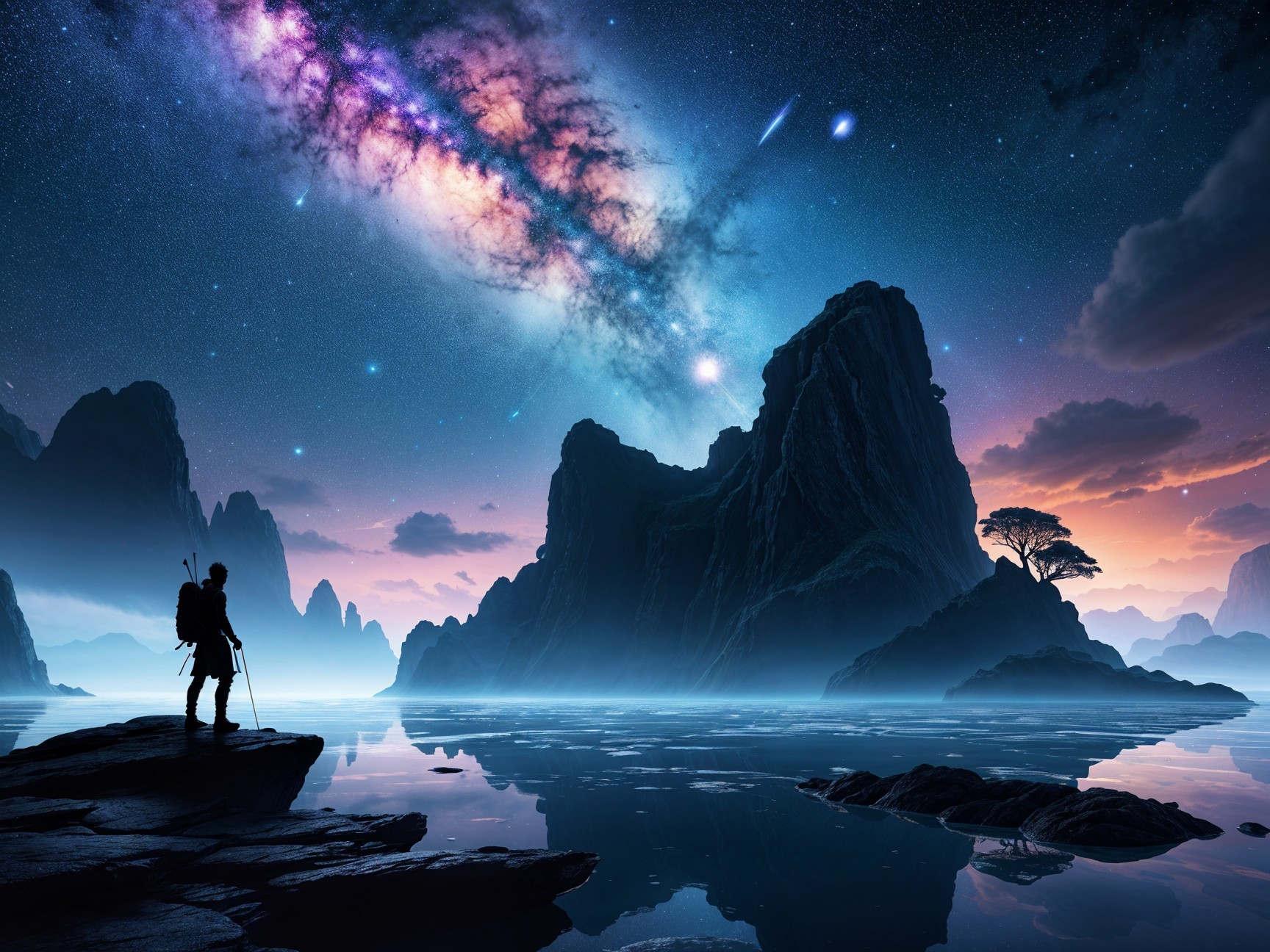 Solitary Figure on Rocky Shore Under Cosmic Sky