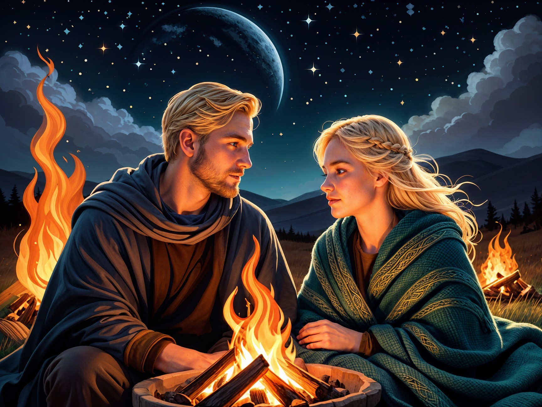 Two figures by a campfire under a starry night
