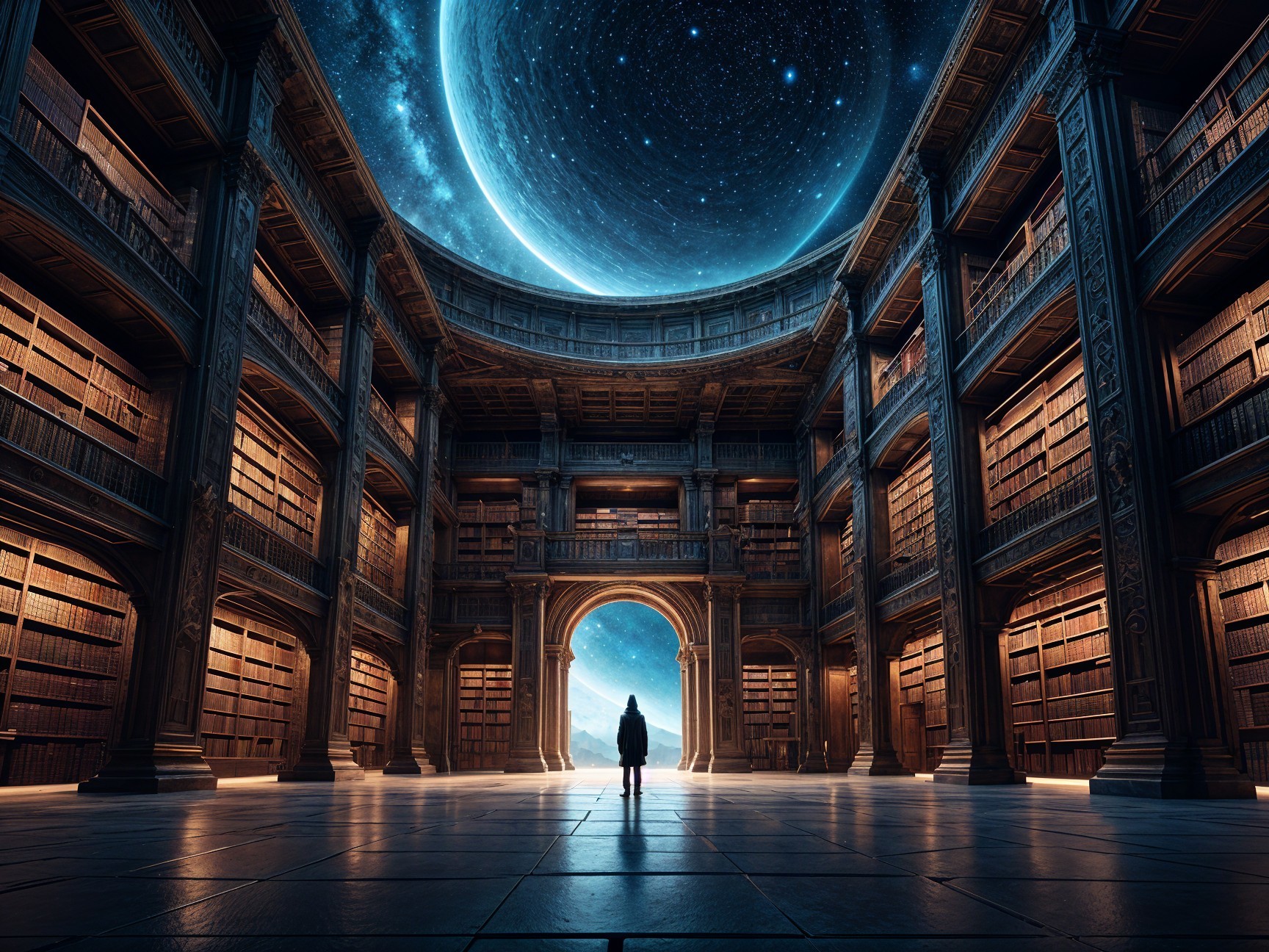 Ethereal library with towering bookshelves and celestial dome