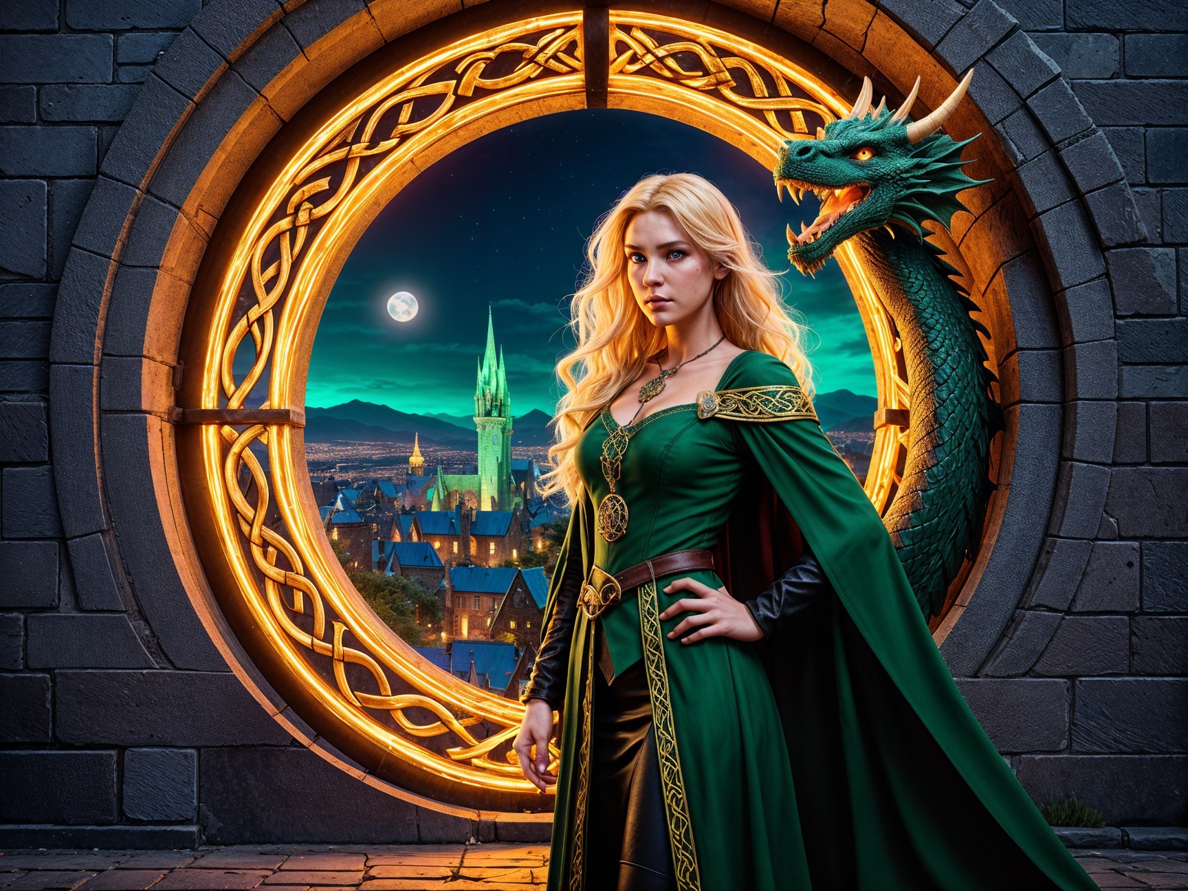 Blonde Woman in Green Cloak by Ornate Portal