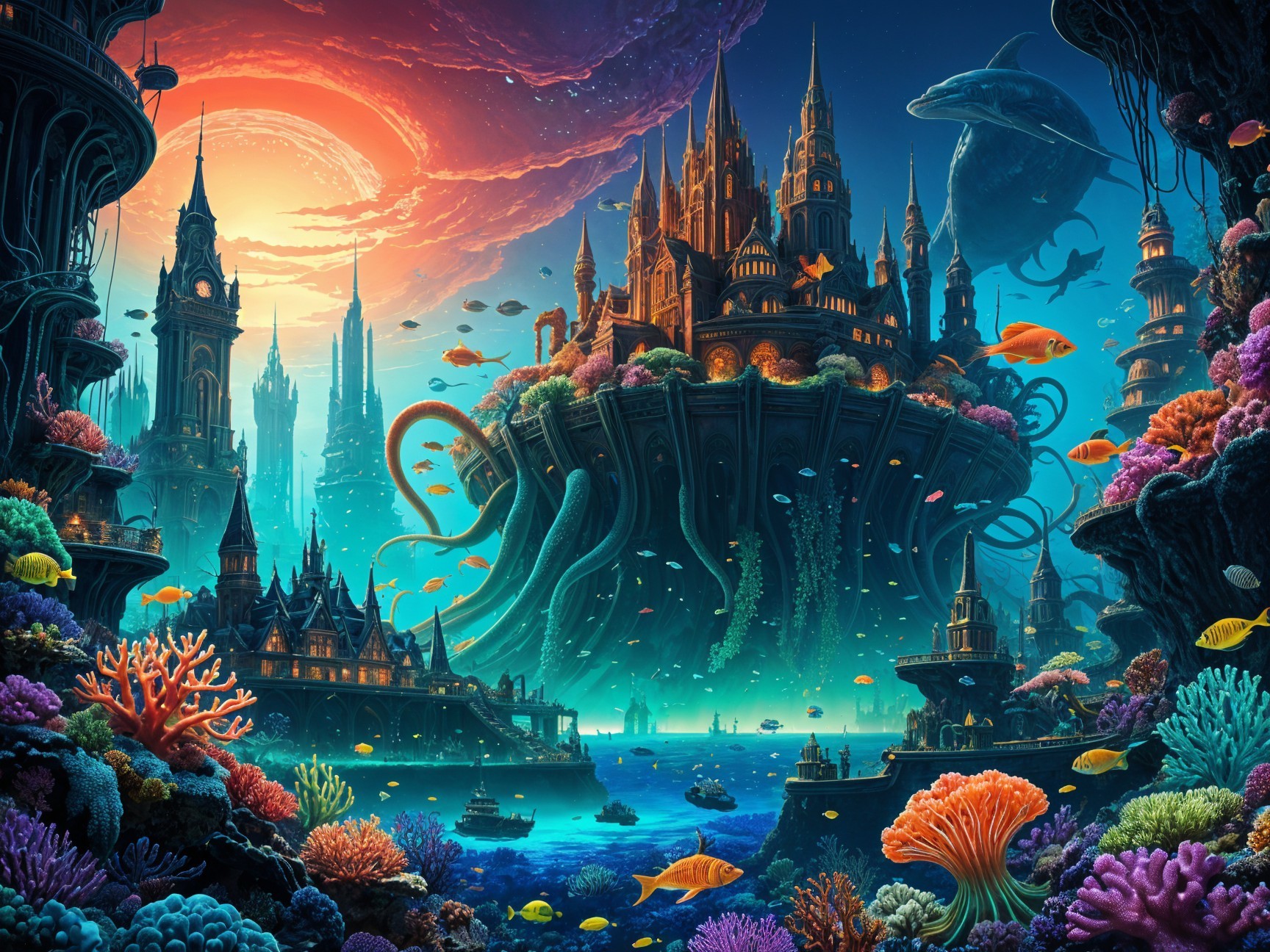 Underwater Scene with Floating Castle and Marine Life
