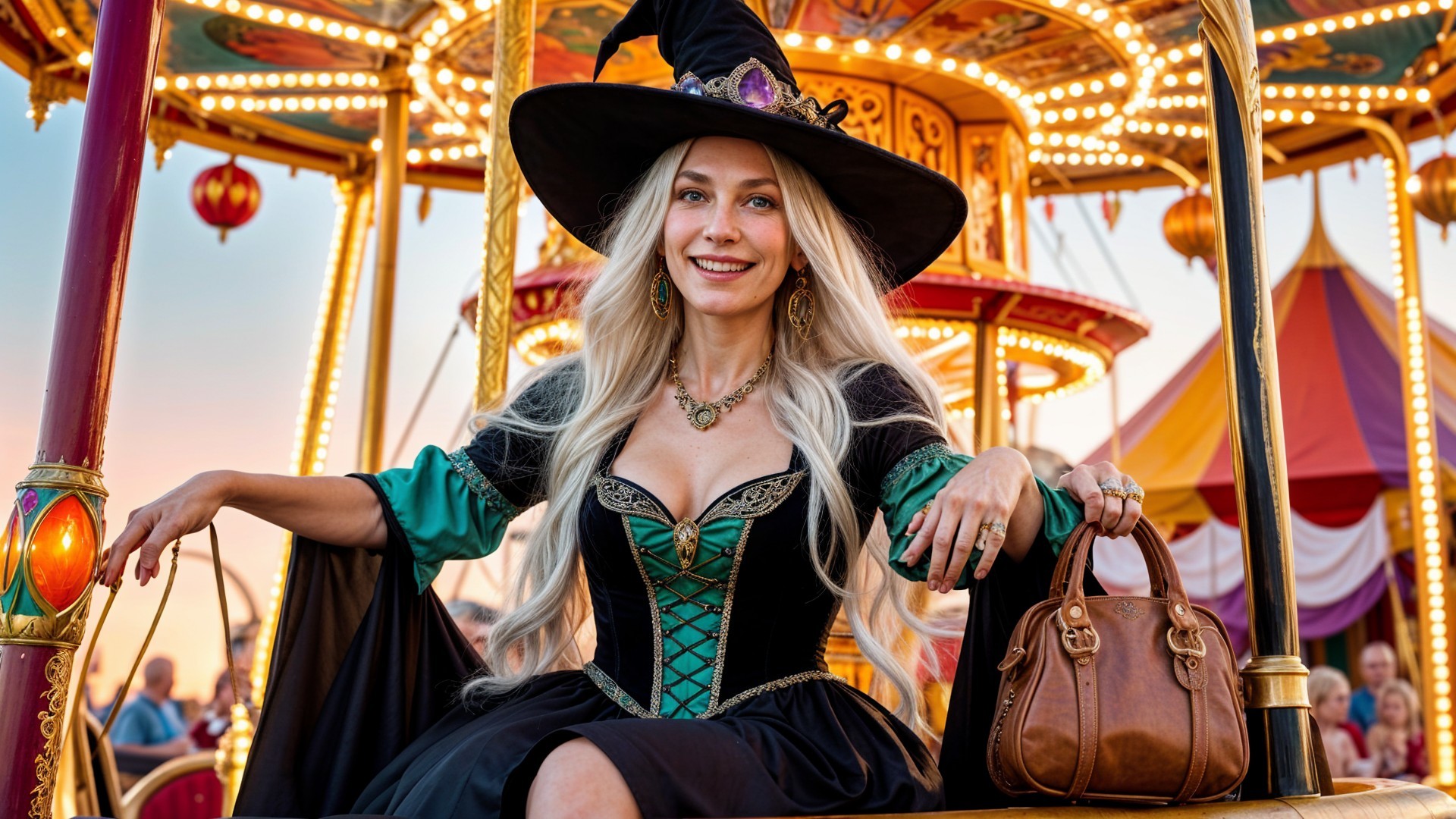 Glamorous Witch on Colorful Carousel with Handbag