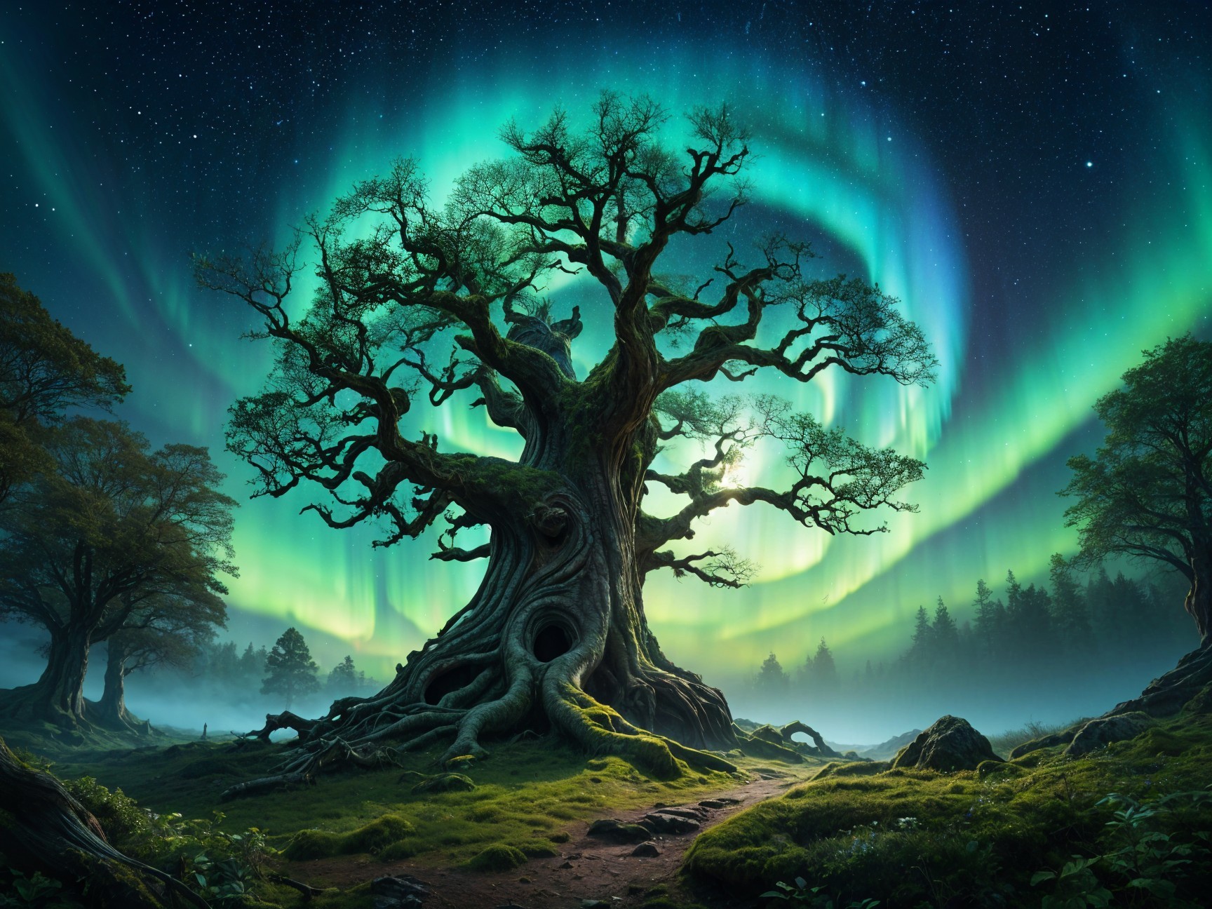 Ancient Tree Under Auroras in Mystical Landscape