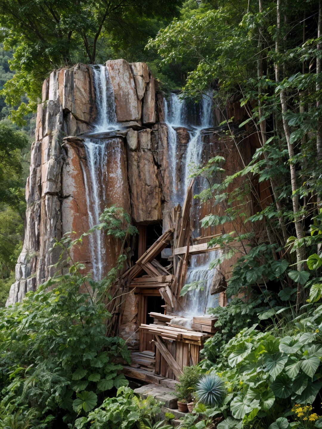 Natural rock formation with cascading waterfalls and foliage