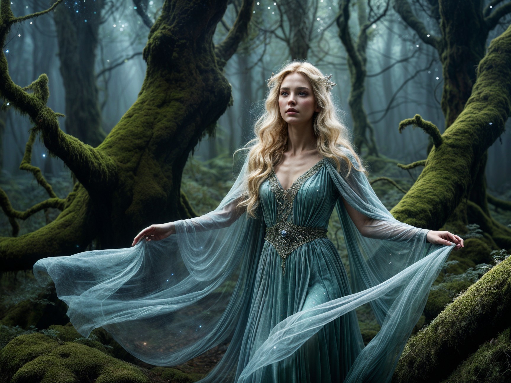 Mystical forest scene with elegant figure in gown