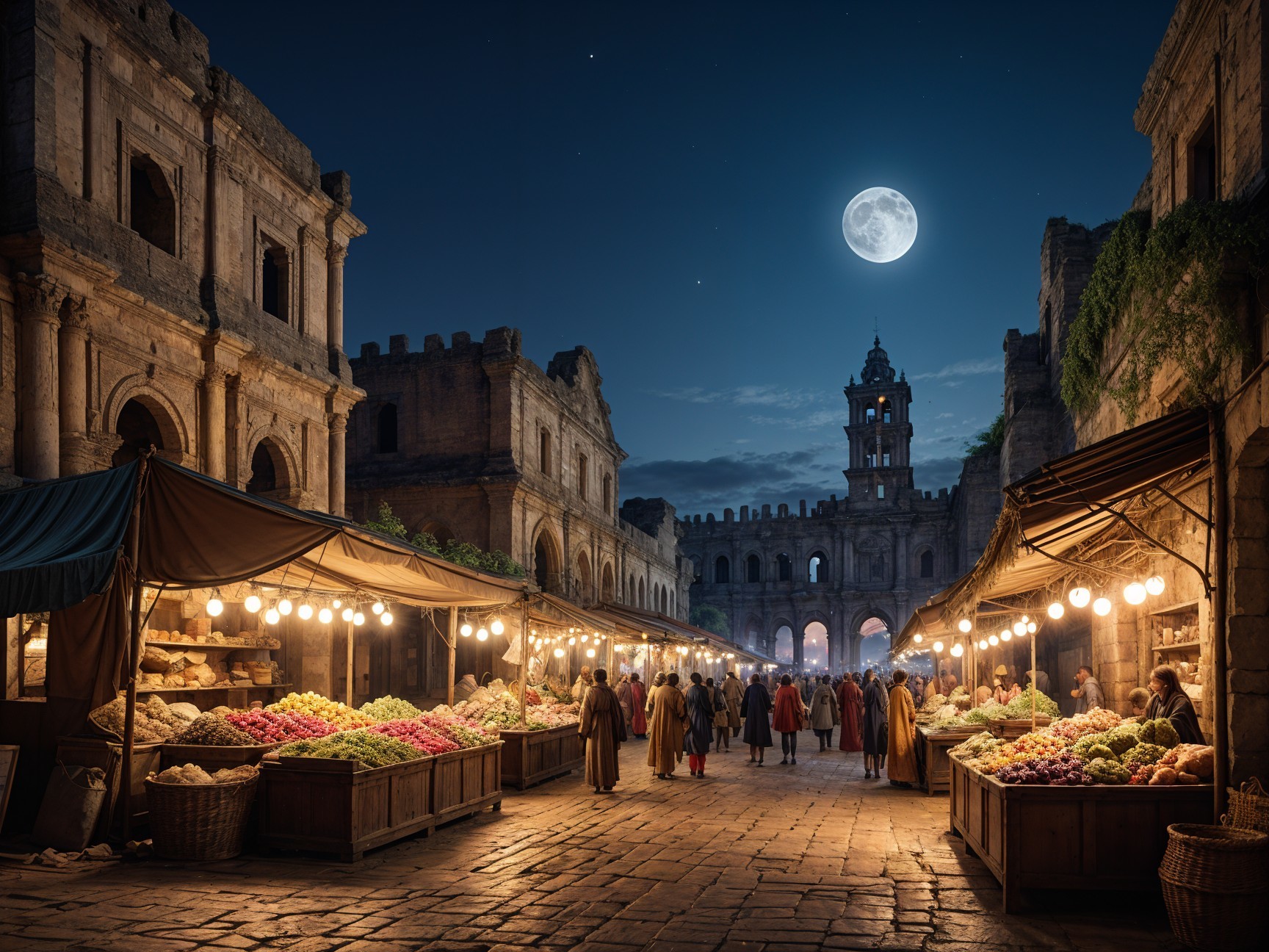 Vibrant Night Market with Historic Stone Architecture