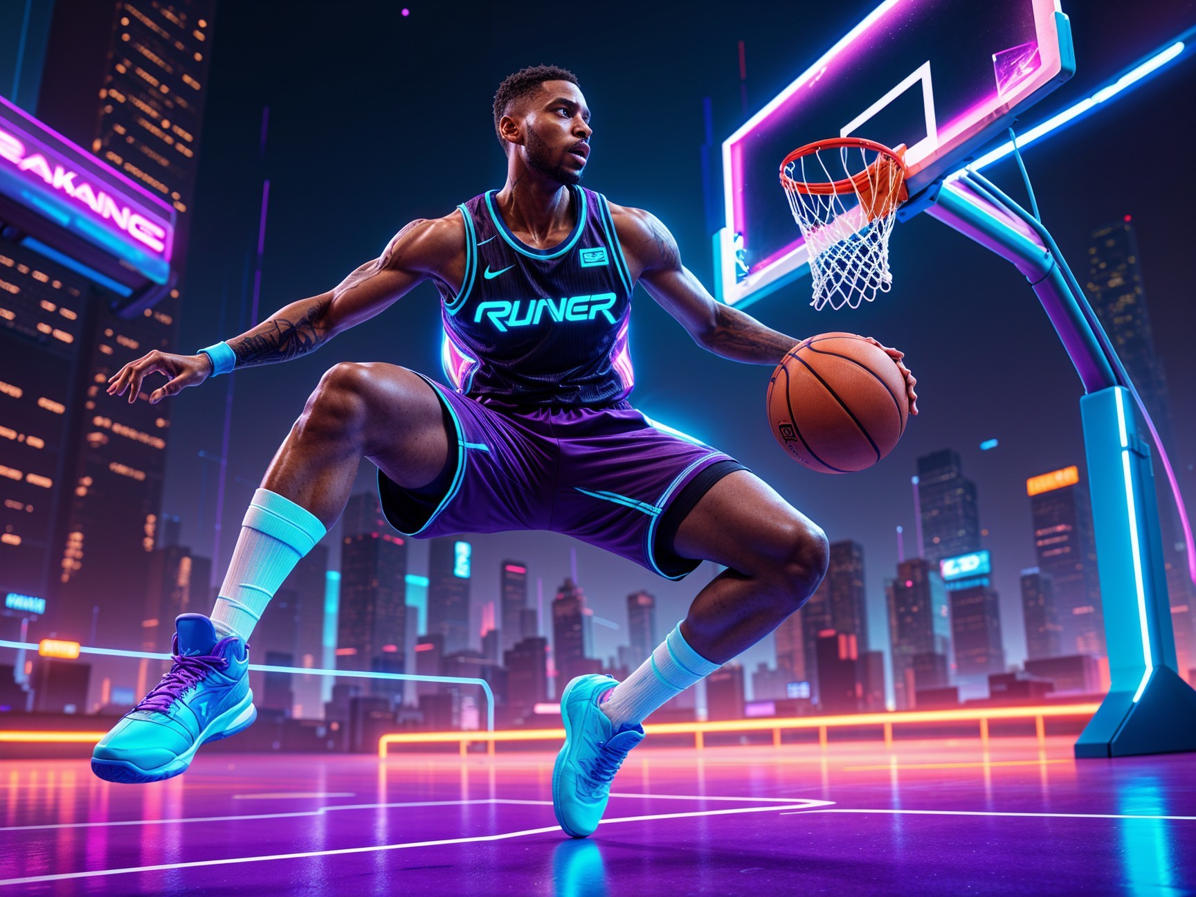 Basketball Player Dunking Against Neon Cityscape