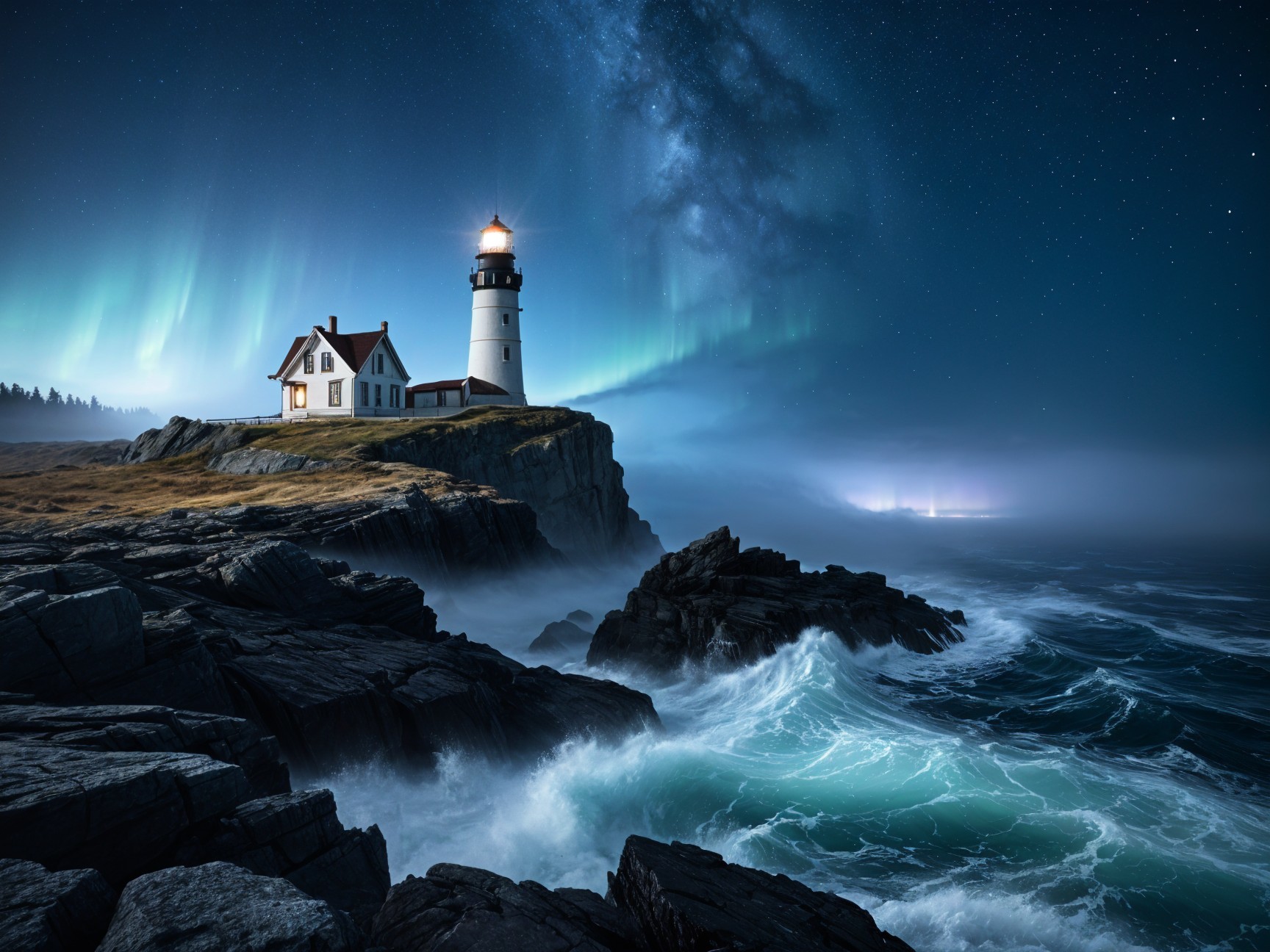 Lighthouse on Cliffs Under Aurora and Night Sky