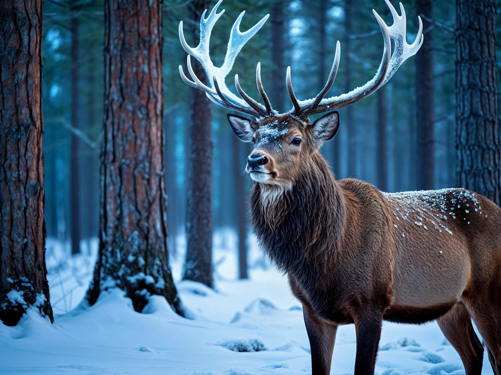 Majestic stag in a serene snowy forest scene