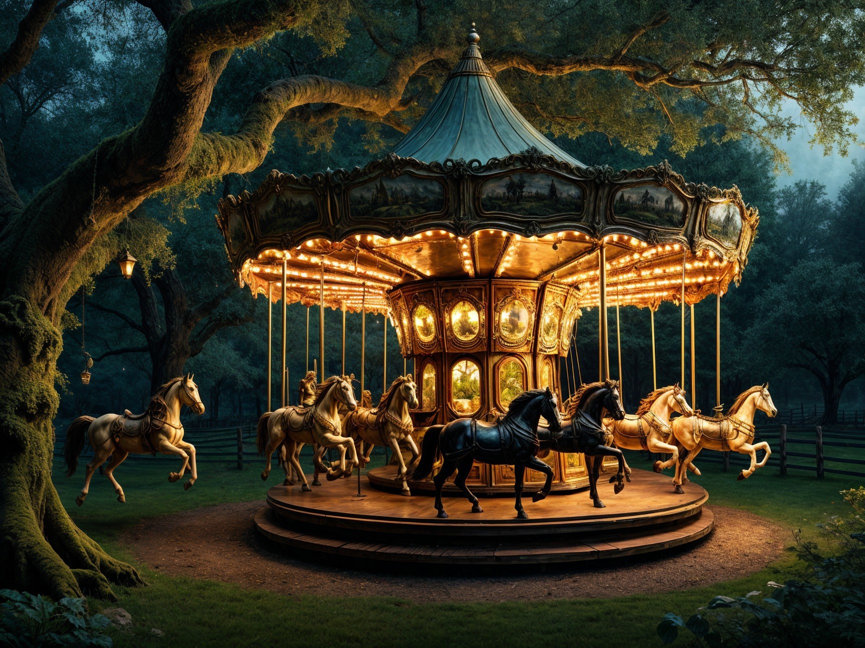 Ornate Carousel in a Serene Dark Forest Setting