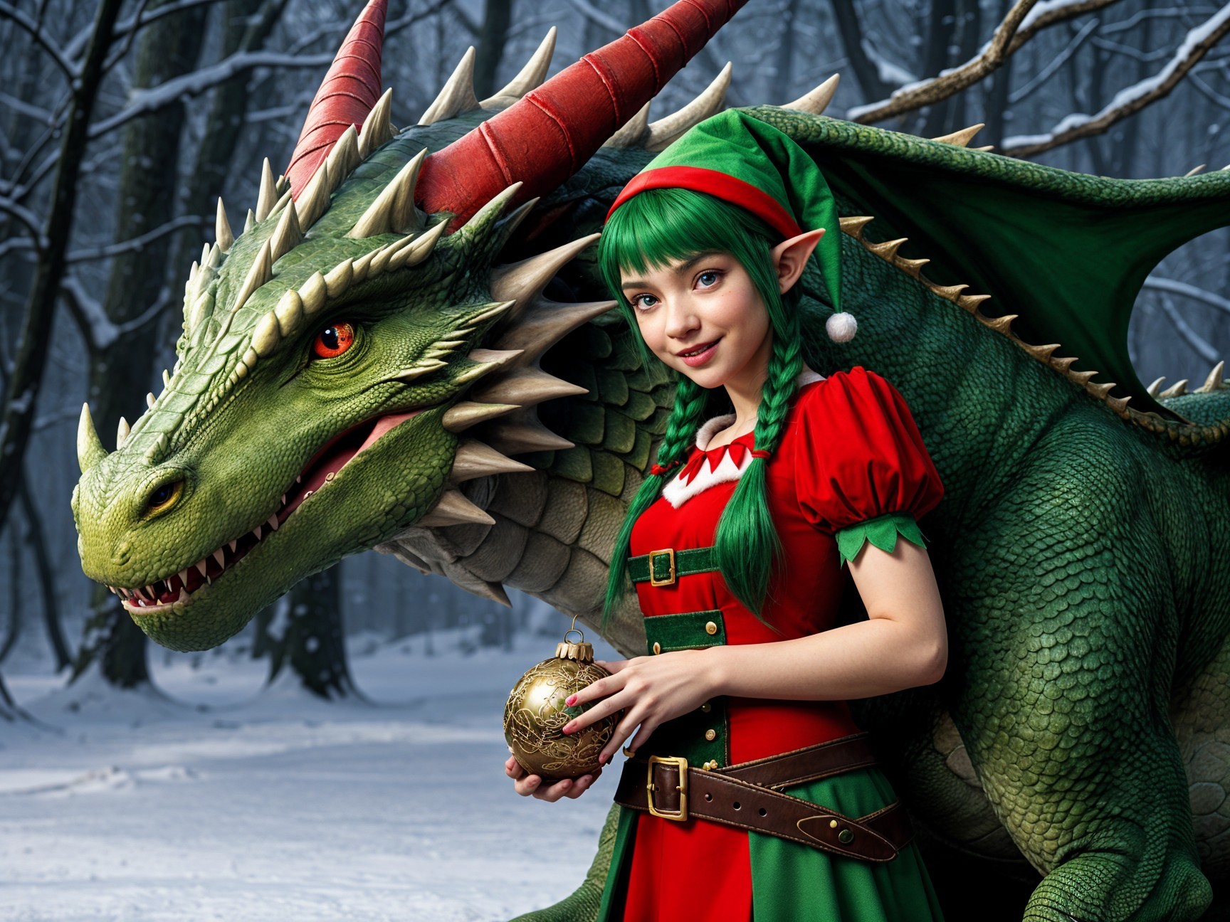 Magical Winter Forest with Girl and Green Dragon