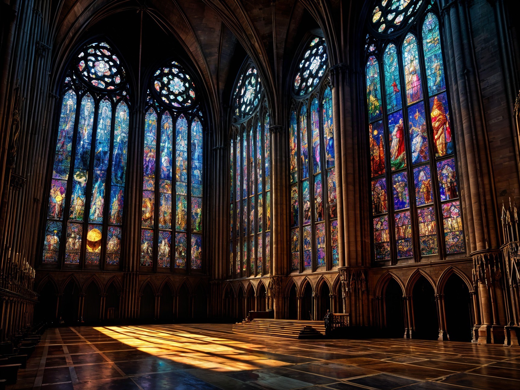 Cathedral Interior with Stained Glass and Stonework