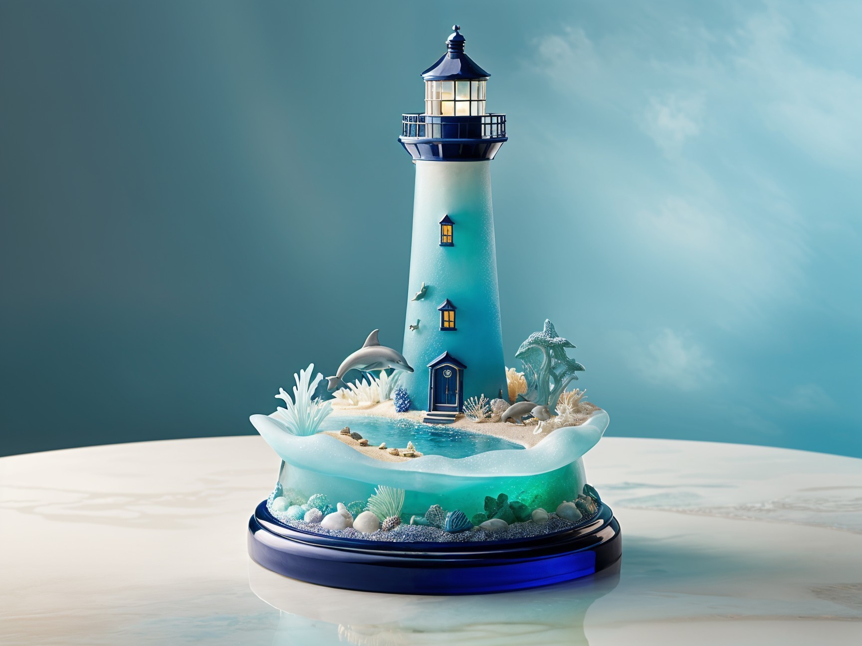 Lighthouse Figurine with Ocean Elements and Light