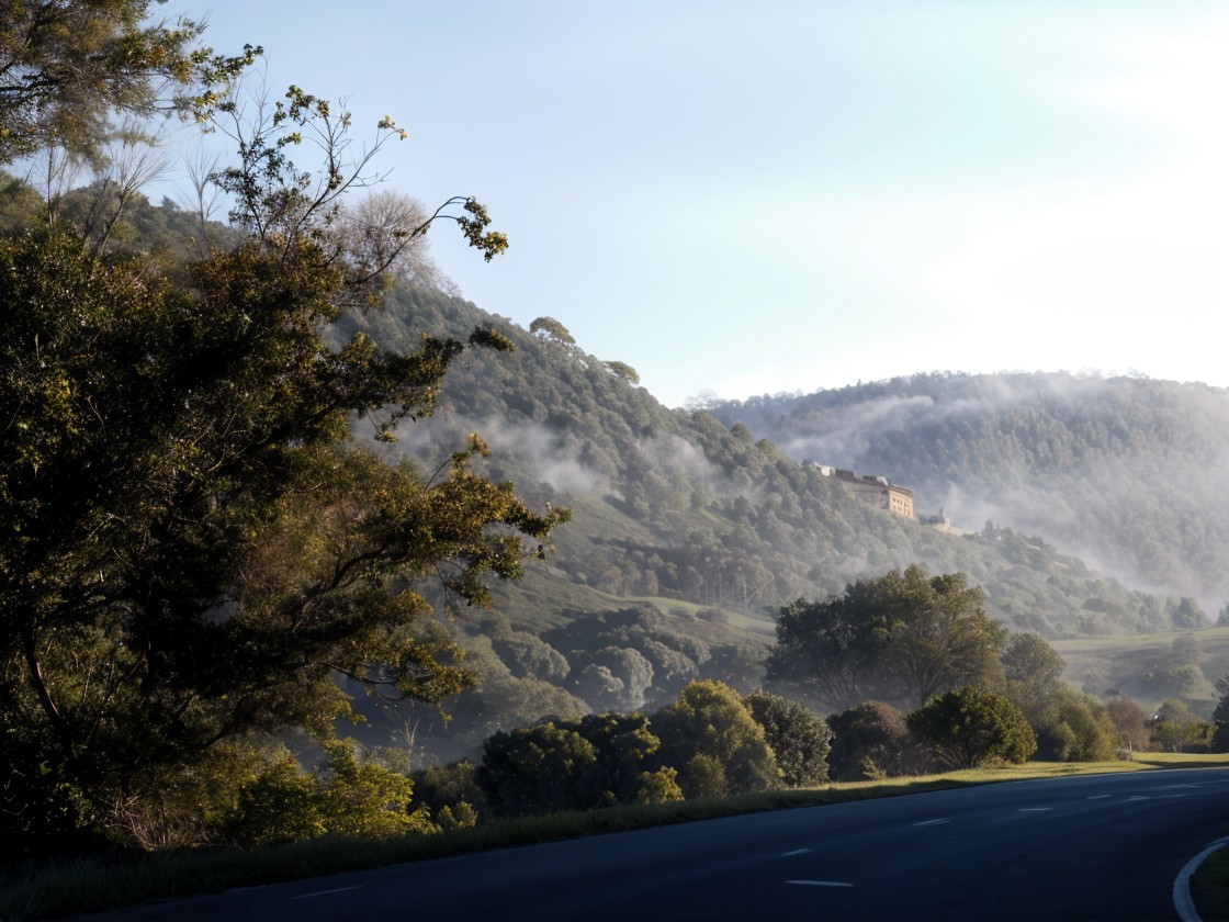 Serene Landscape with Misty Hills and Soft Morning Light