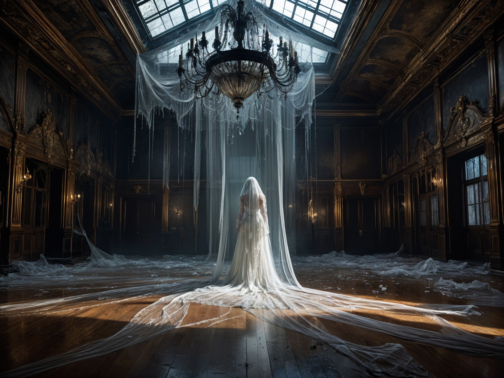 Bride in Ethereal Gown in Elegant Decaying Room