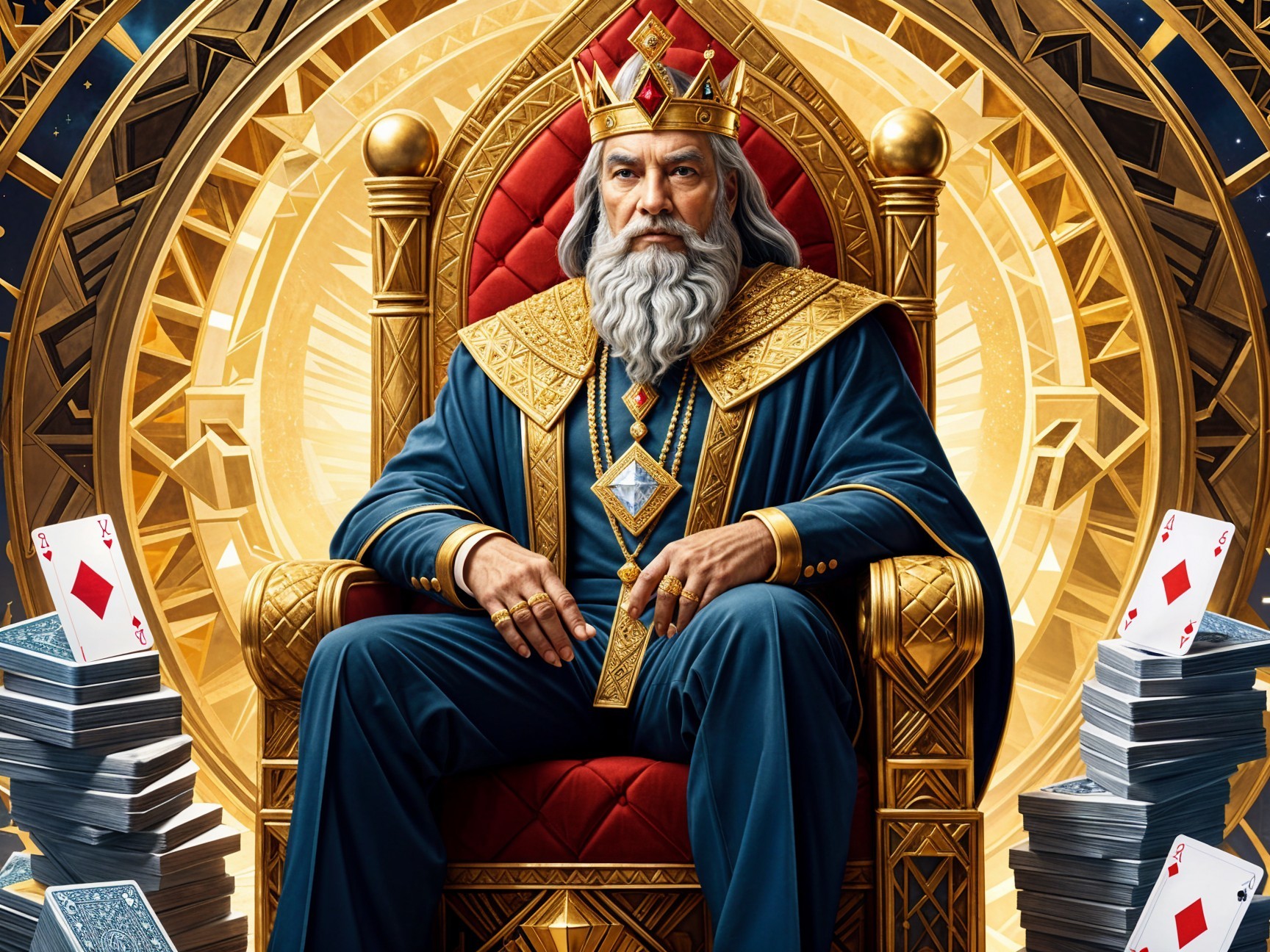 Majestic king on throne with playing cards backdrop