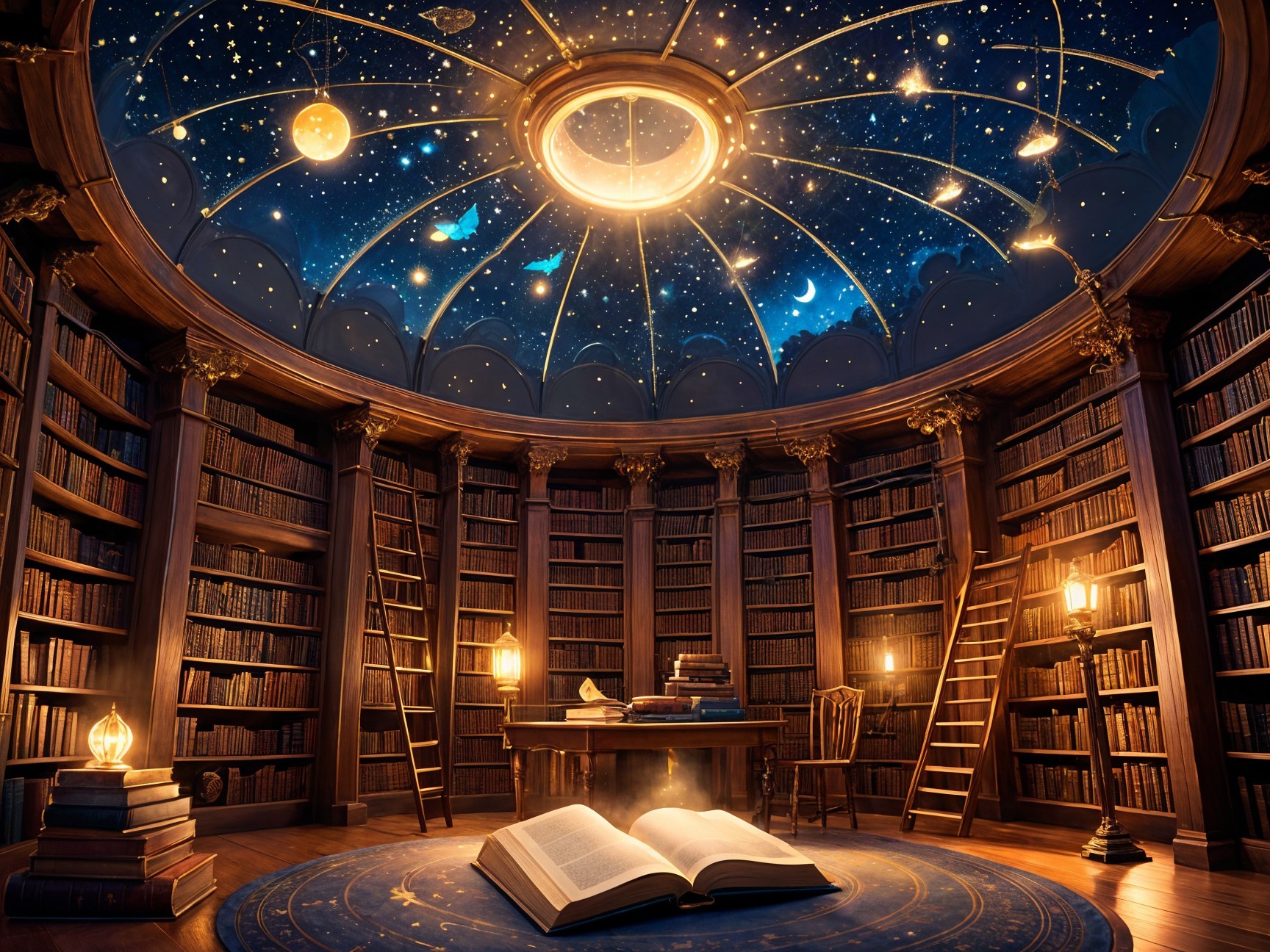 Magical library with towering bookshelves and starry ceiling