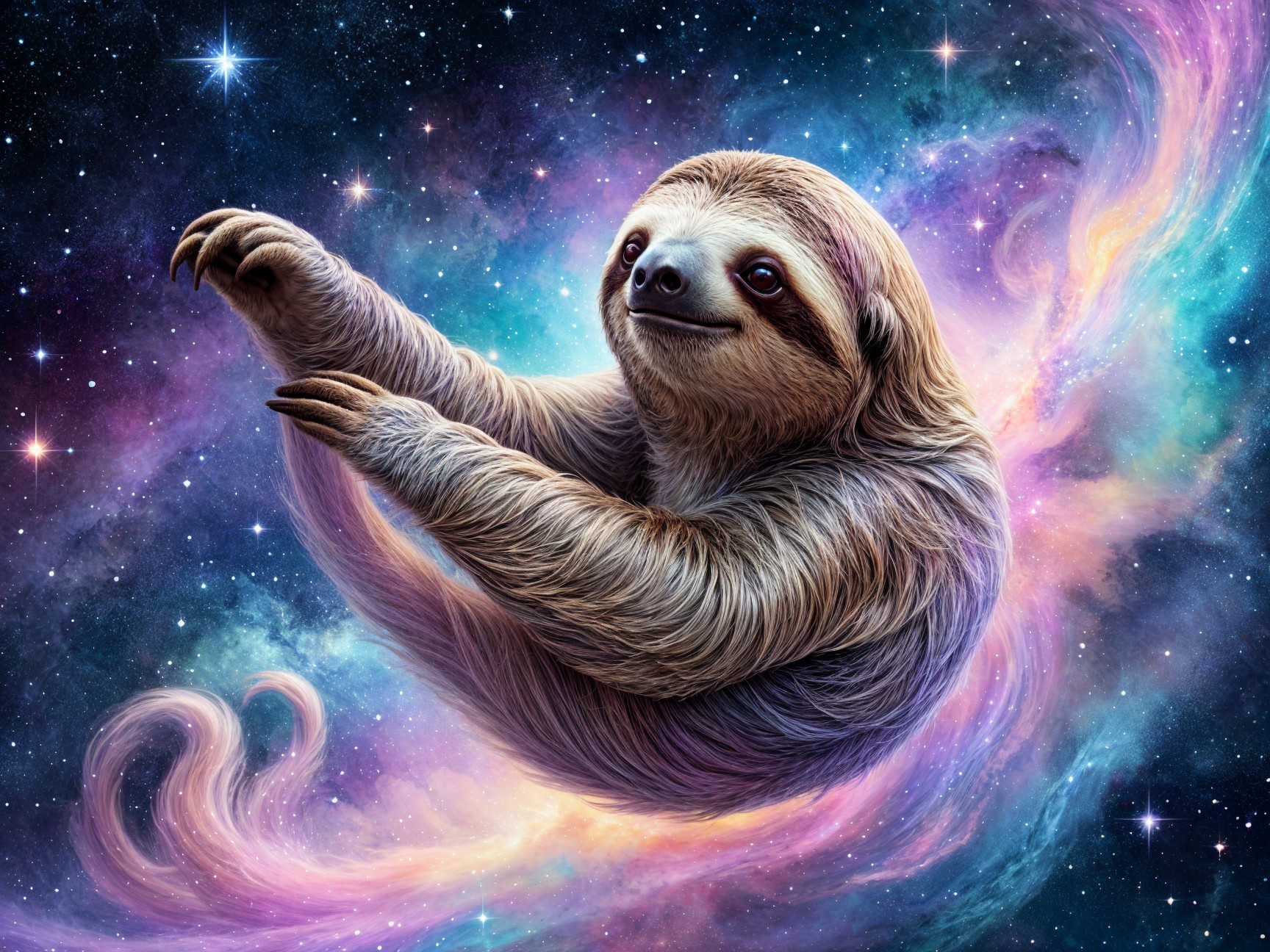 Whimsical Sloth in a Vibrant Cosmic Scene