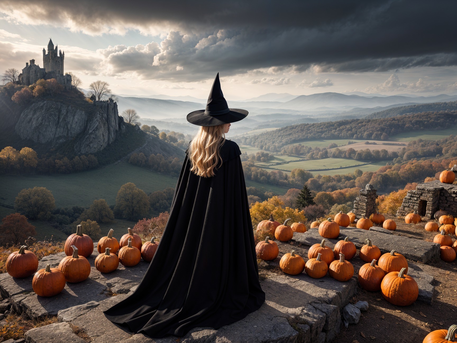 Witch in Black Hat Overlooking Autumn Valley Scene