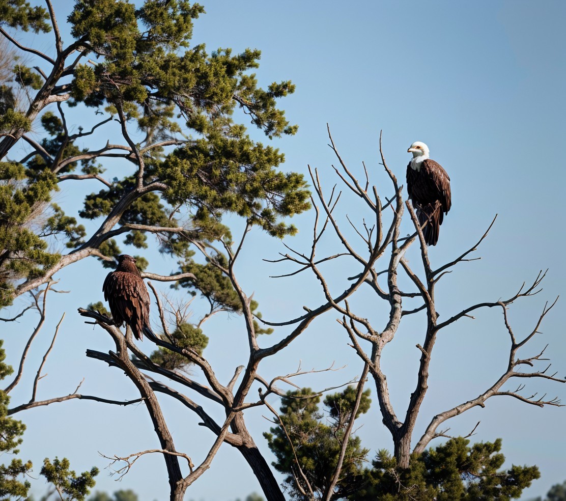 Eagles Perched on Branches Against Blue Sky Background