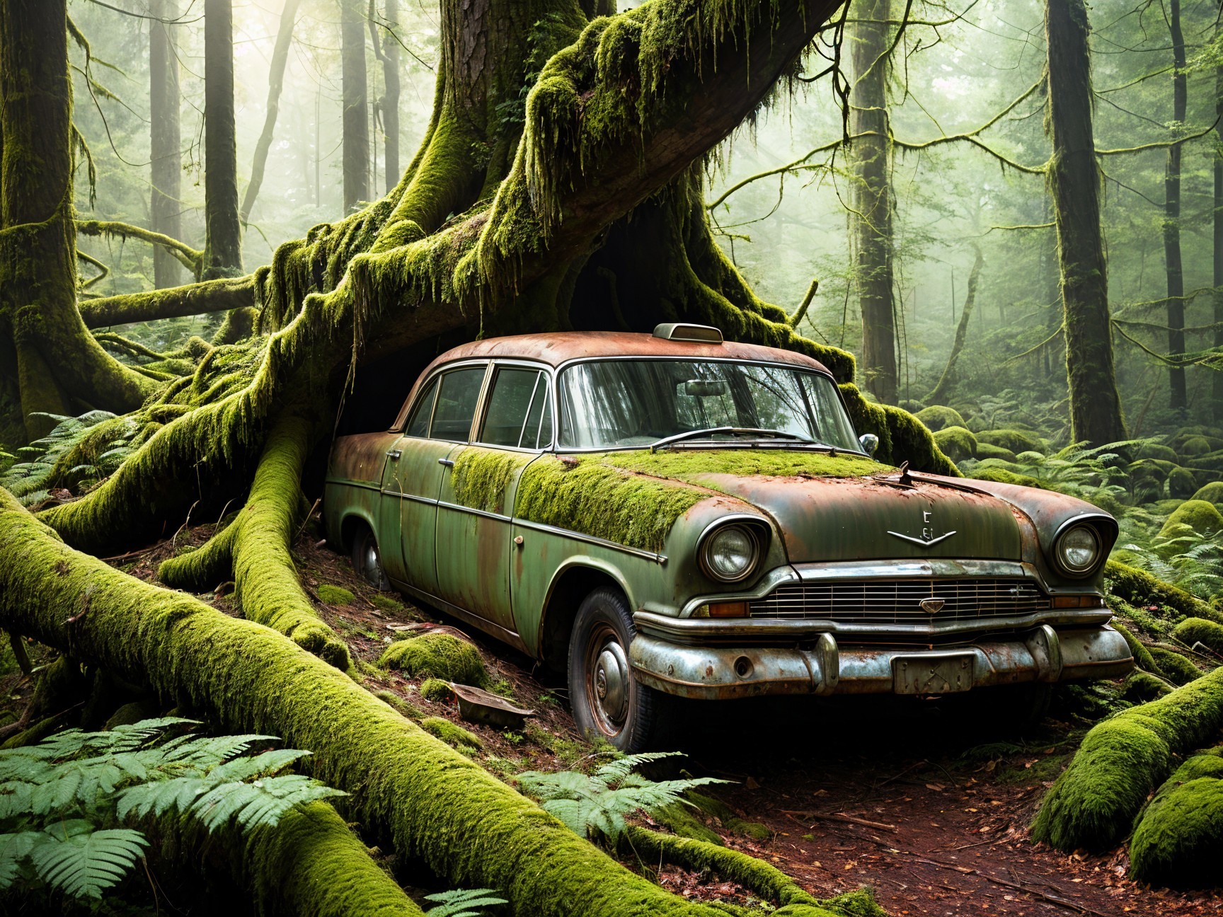 Old Rusted Car Surrounded by Mossy Forest Landscape