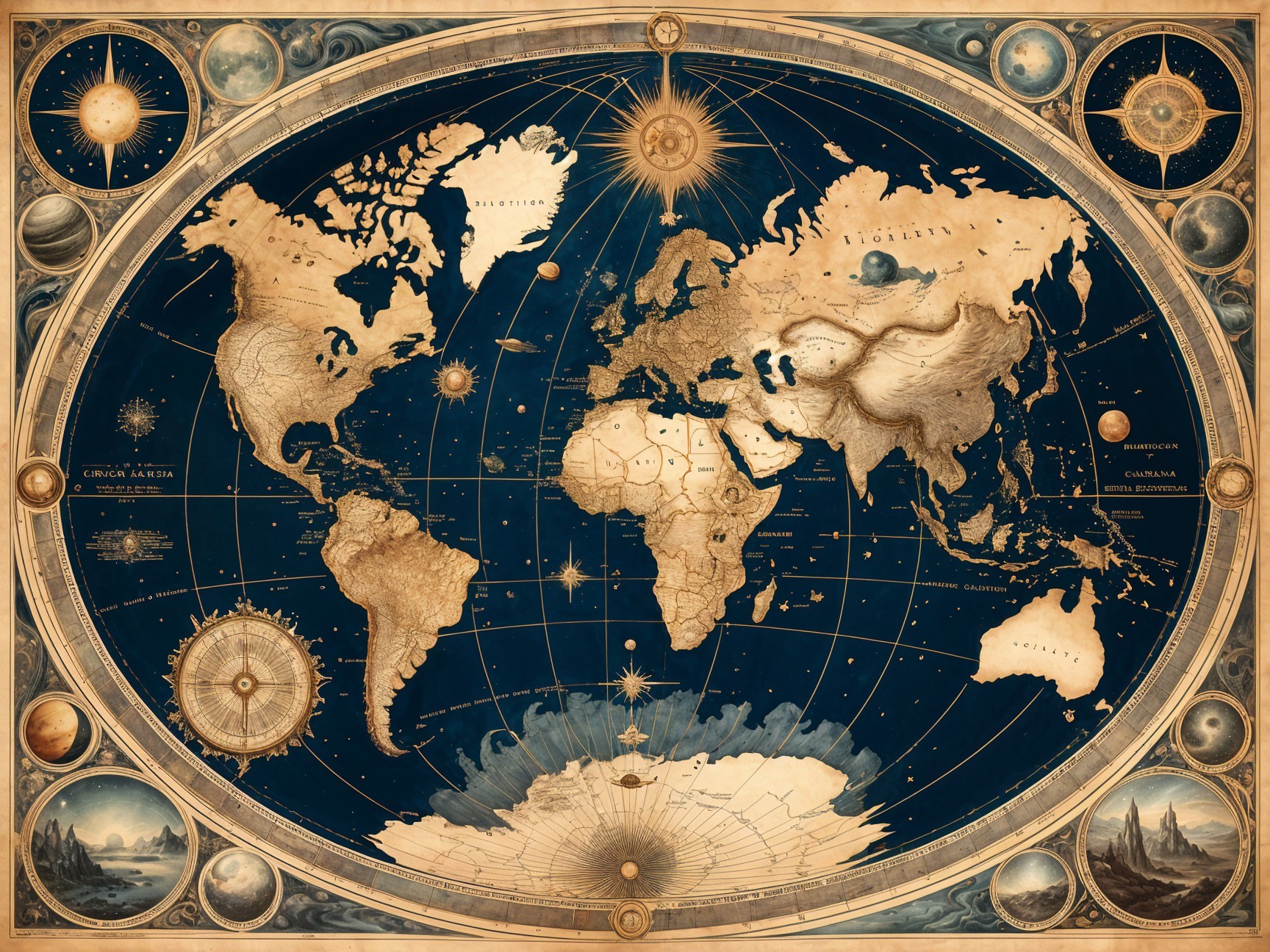 Vintage World Map with Deep Blue and Gold Design