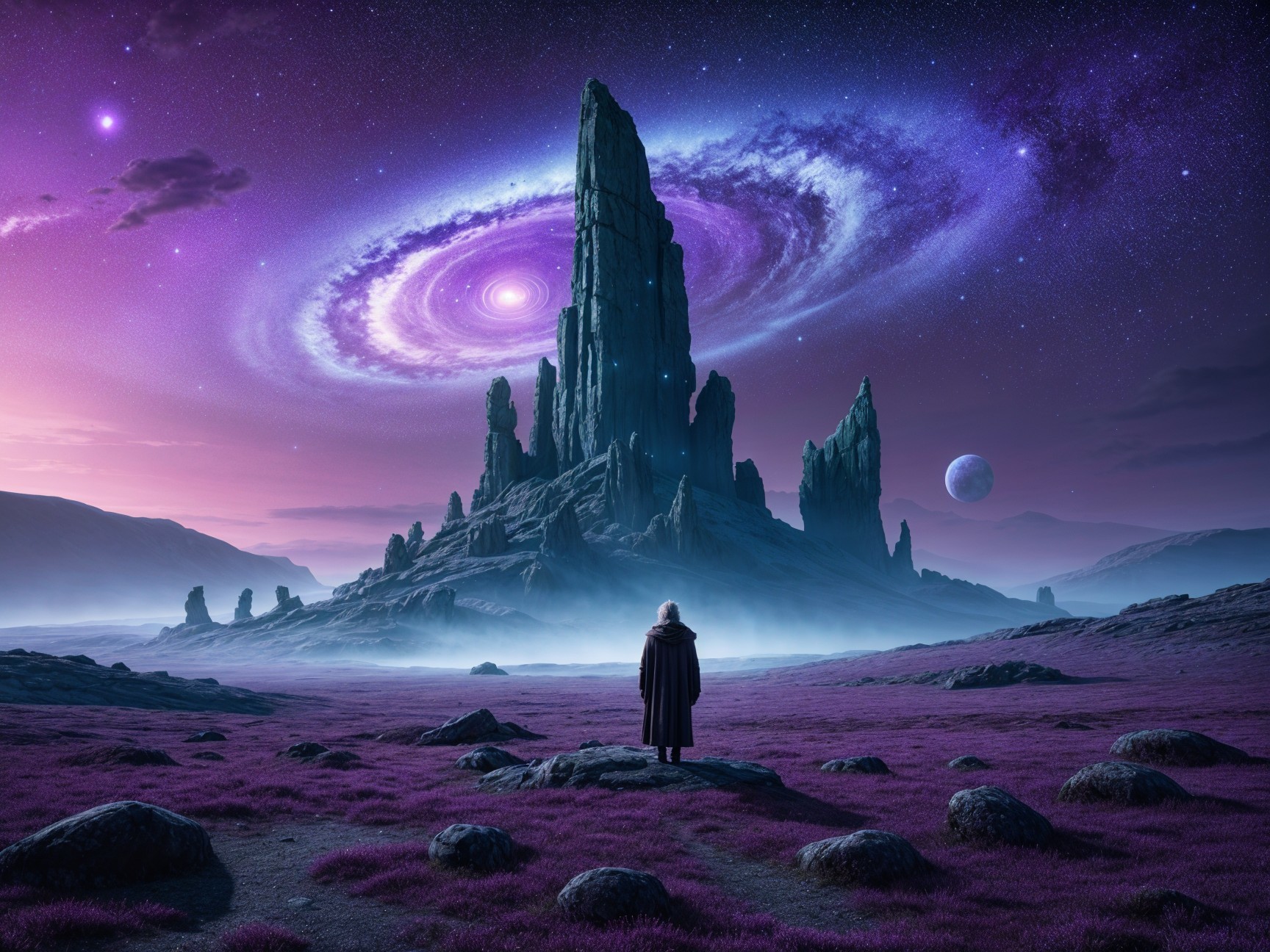Lone Figure Against Jagged Rocks in Purple Landscape