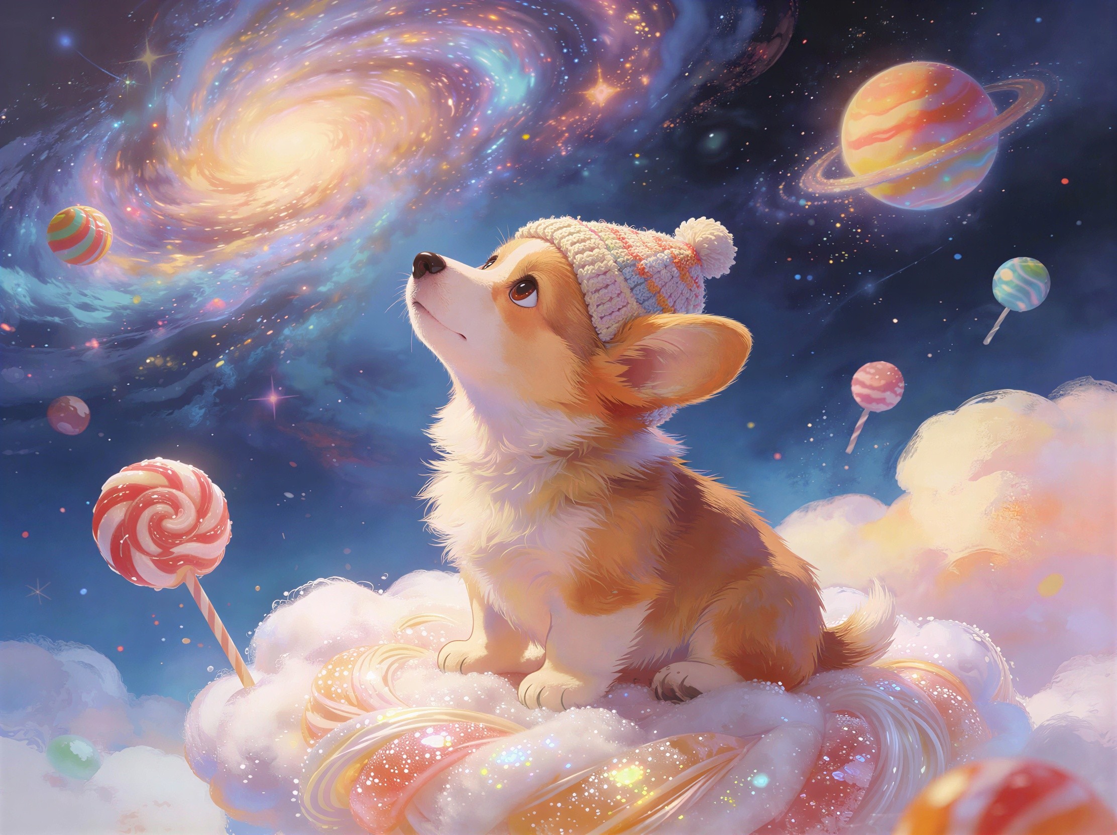 Corgi in Beanie on Cotton Candy Cloud Under Galaxy