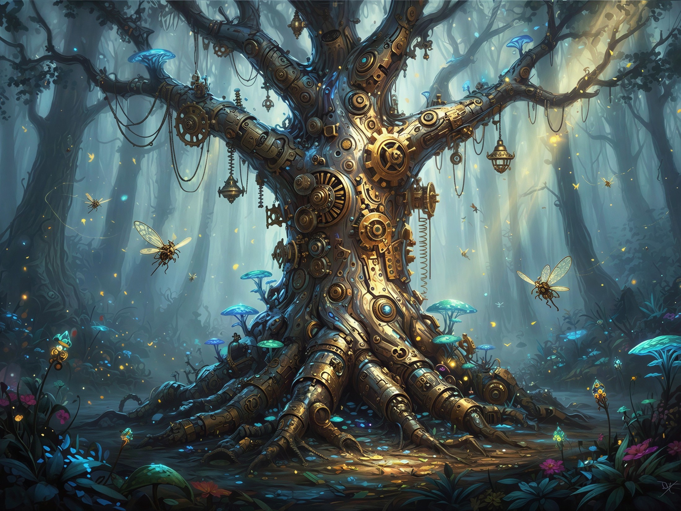 Steampunk Mechanical Tree in a Magical Forest Scene