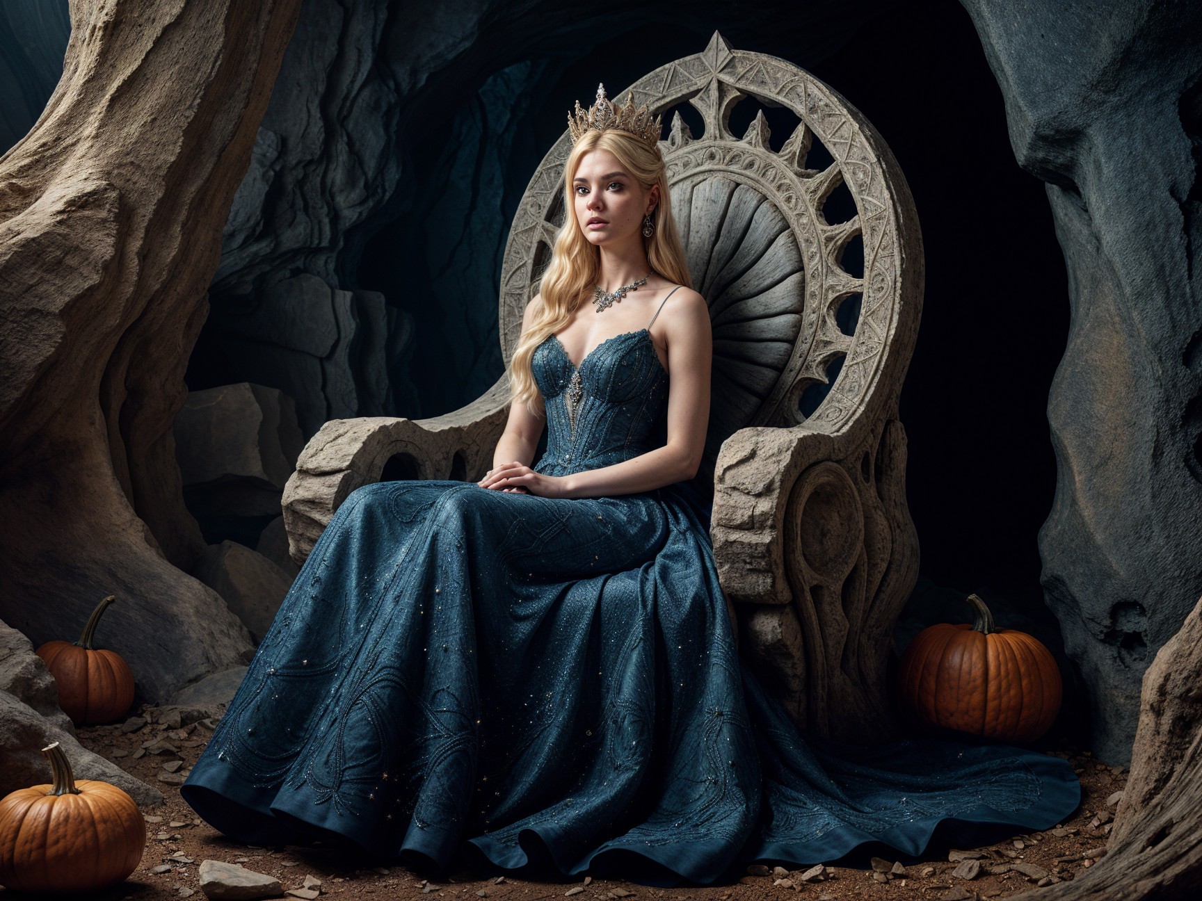 Regal figure on stone throne in elegant blue gown