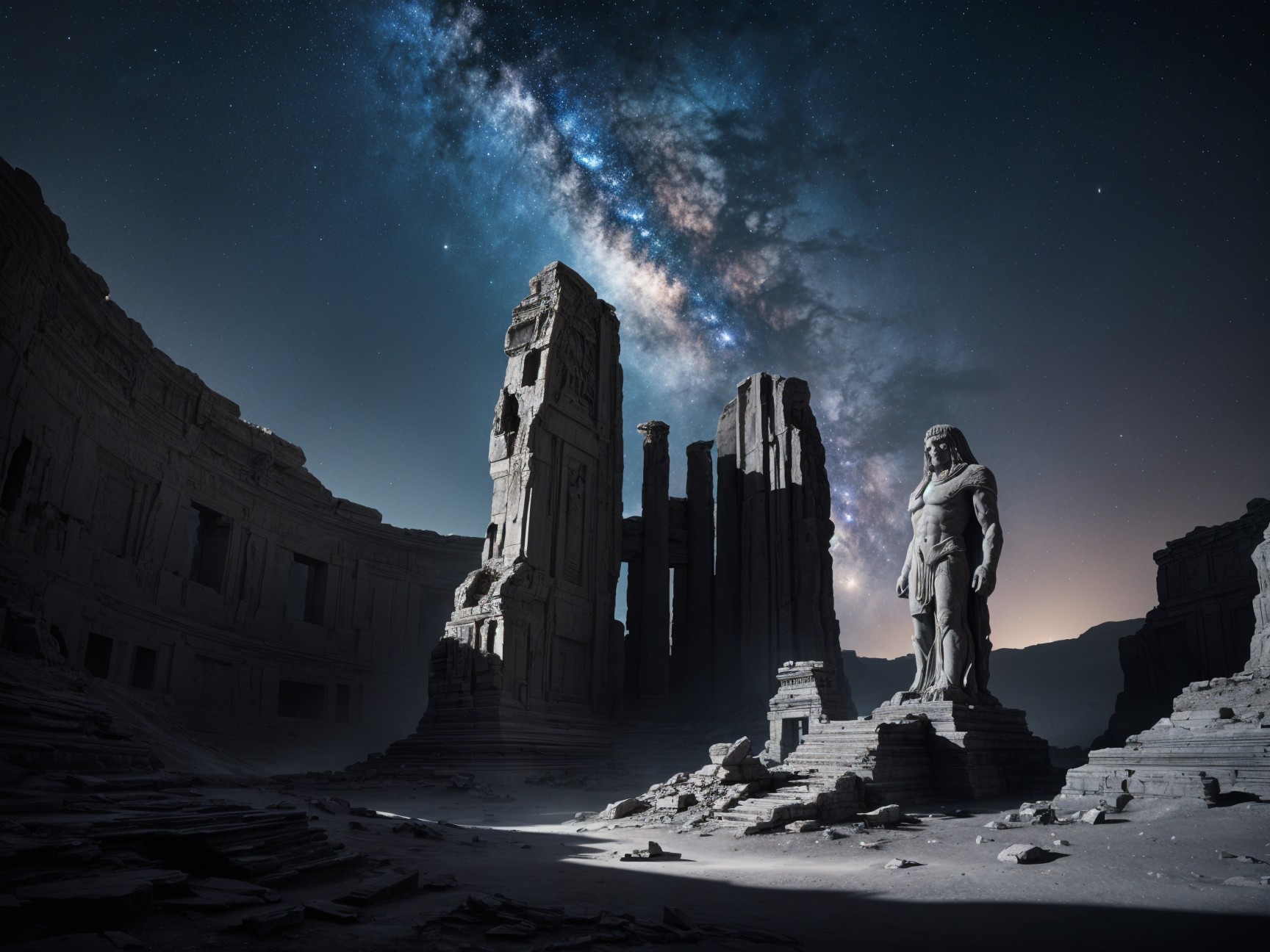 Majestic statue among ancient ruins under moonlight