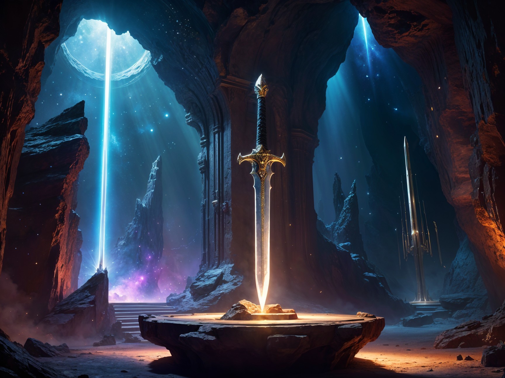 Majestic Sword on Stone Pedestal in Mystical Cave