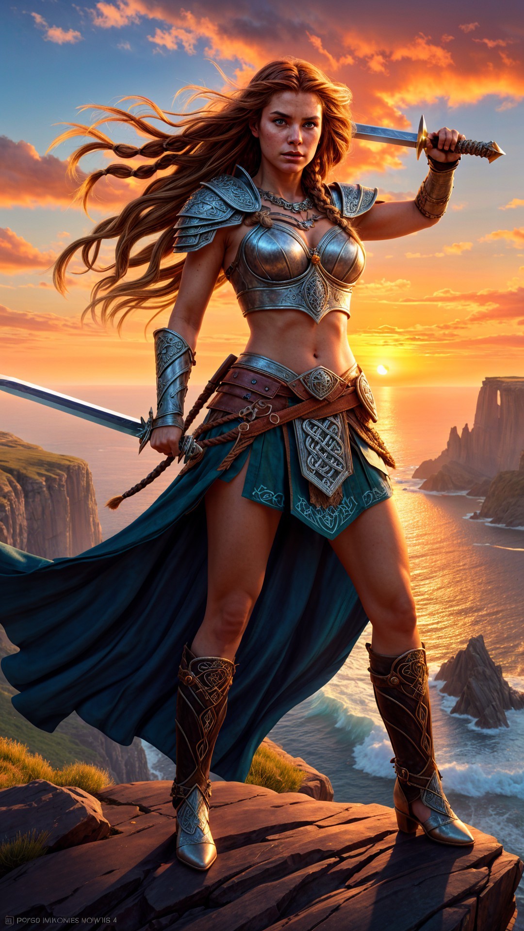 Fierce warrior in armor on rocky outcrop at sunset