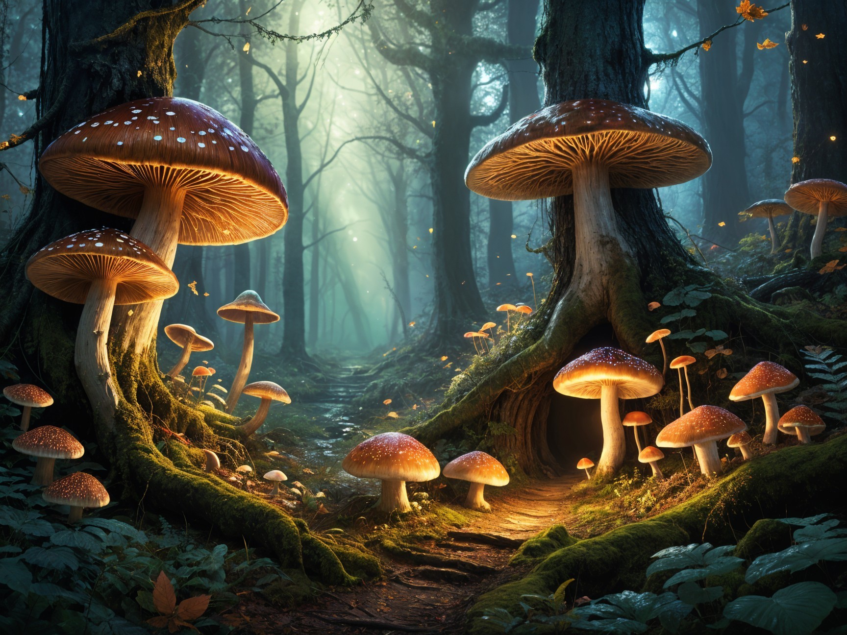 Enchanting forest scene with vibrant mushrooms and light