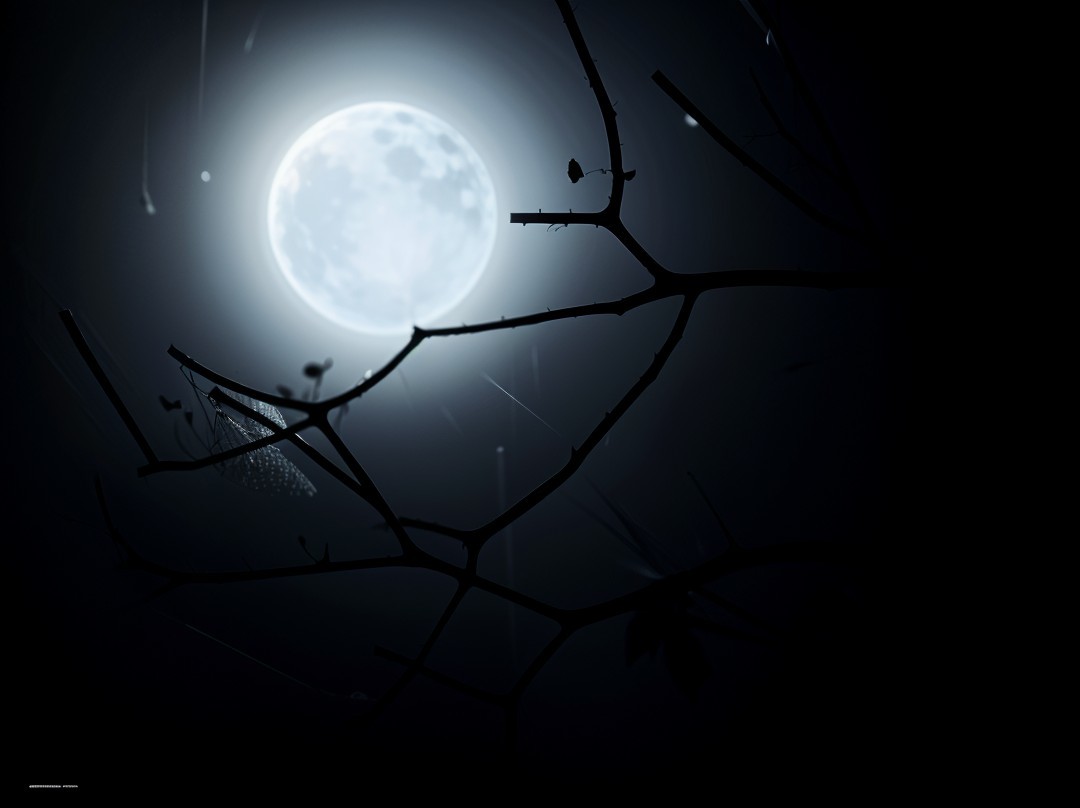 Luminous Full Moon Over Dark Night Sky with Silhouettes