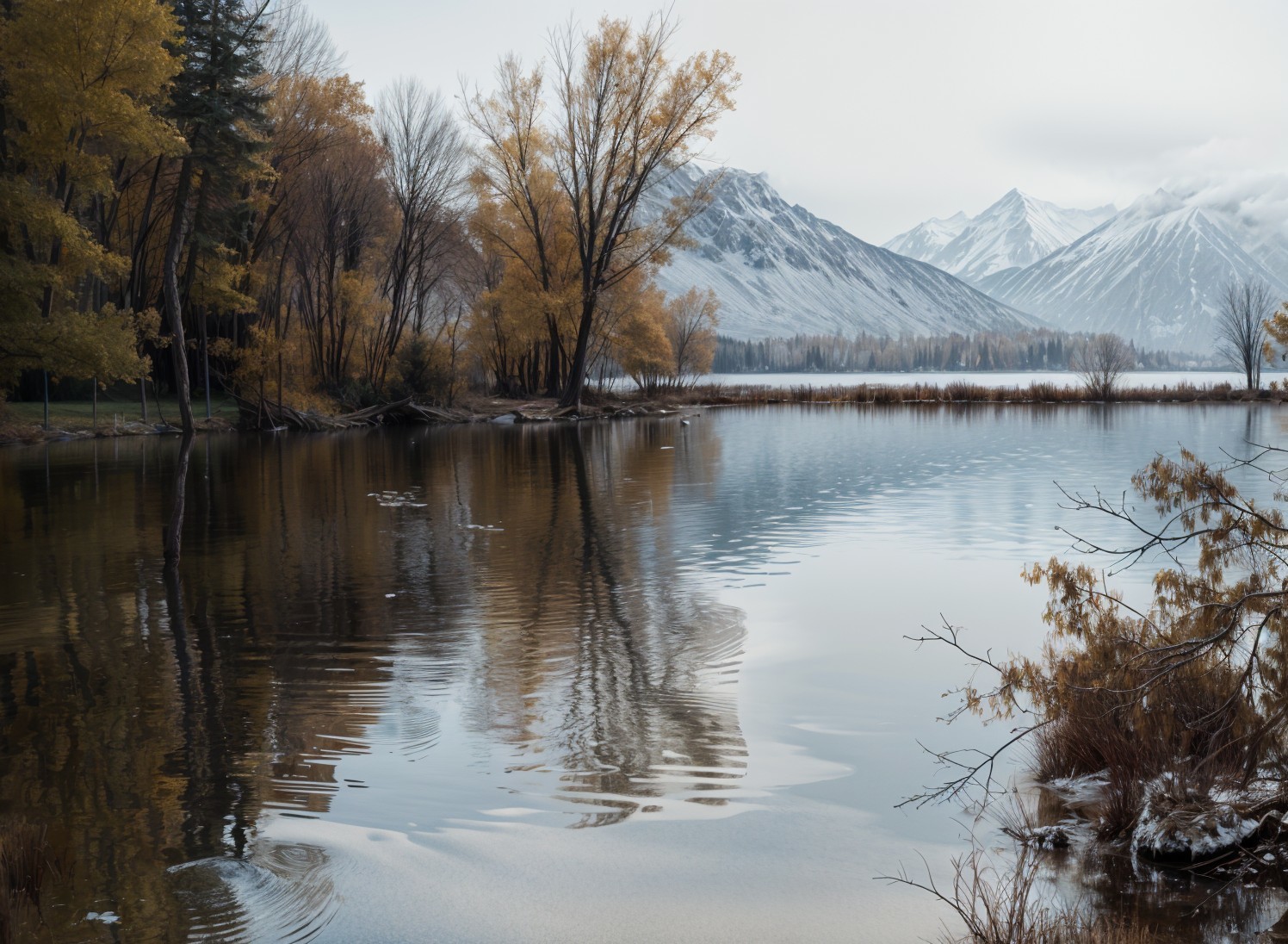 Serene Lake Surrounded by Snow-Capped Mountains