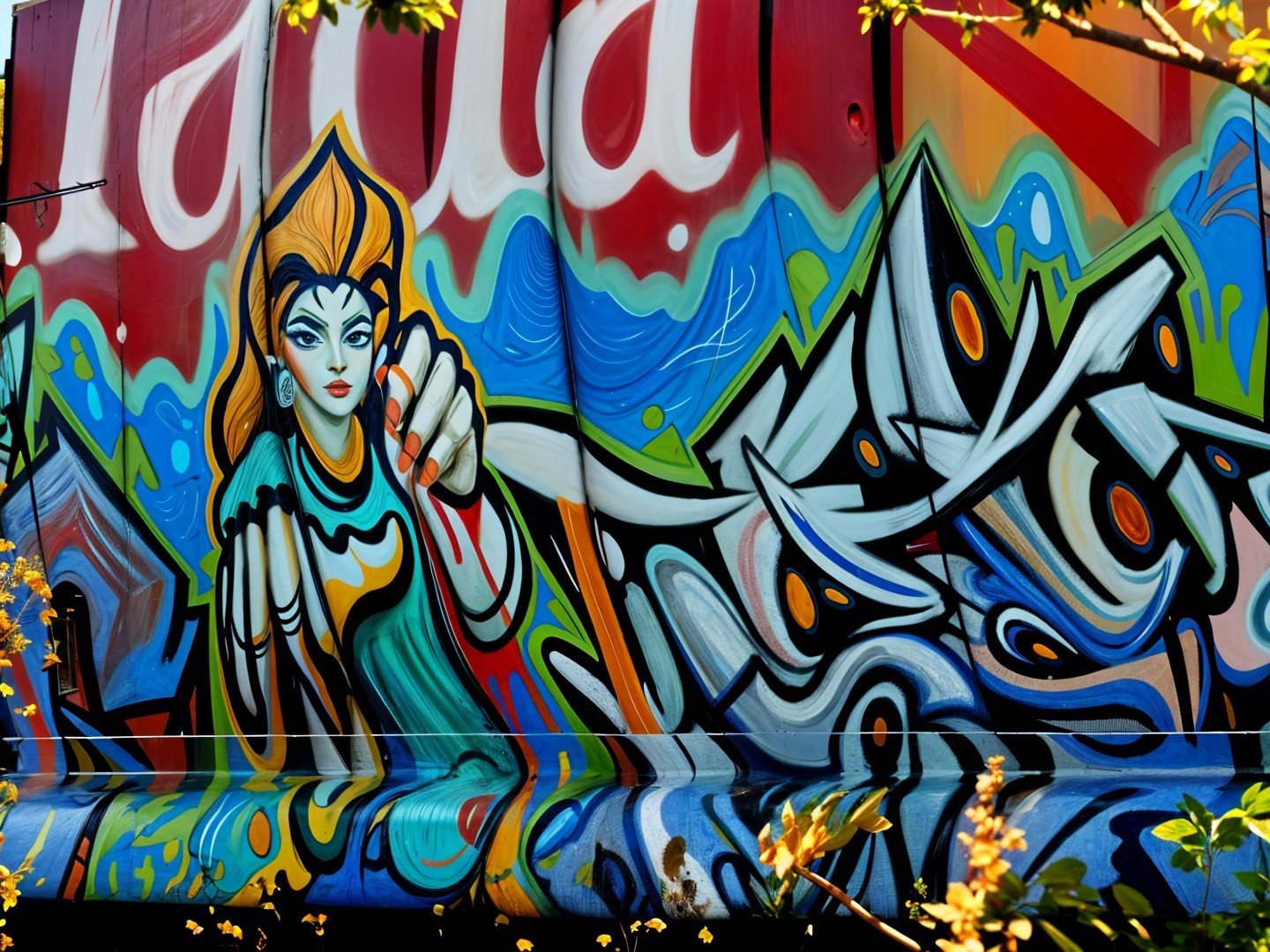 Vibrant Mural on Train Car with Stylized Female Figure