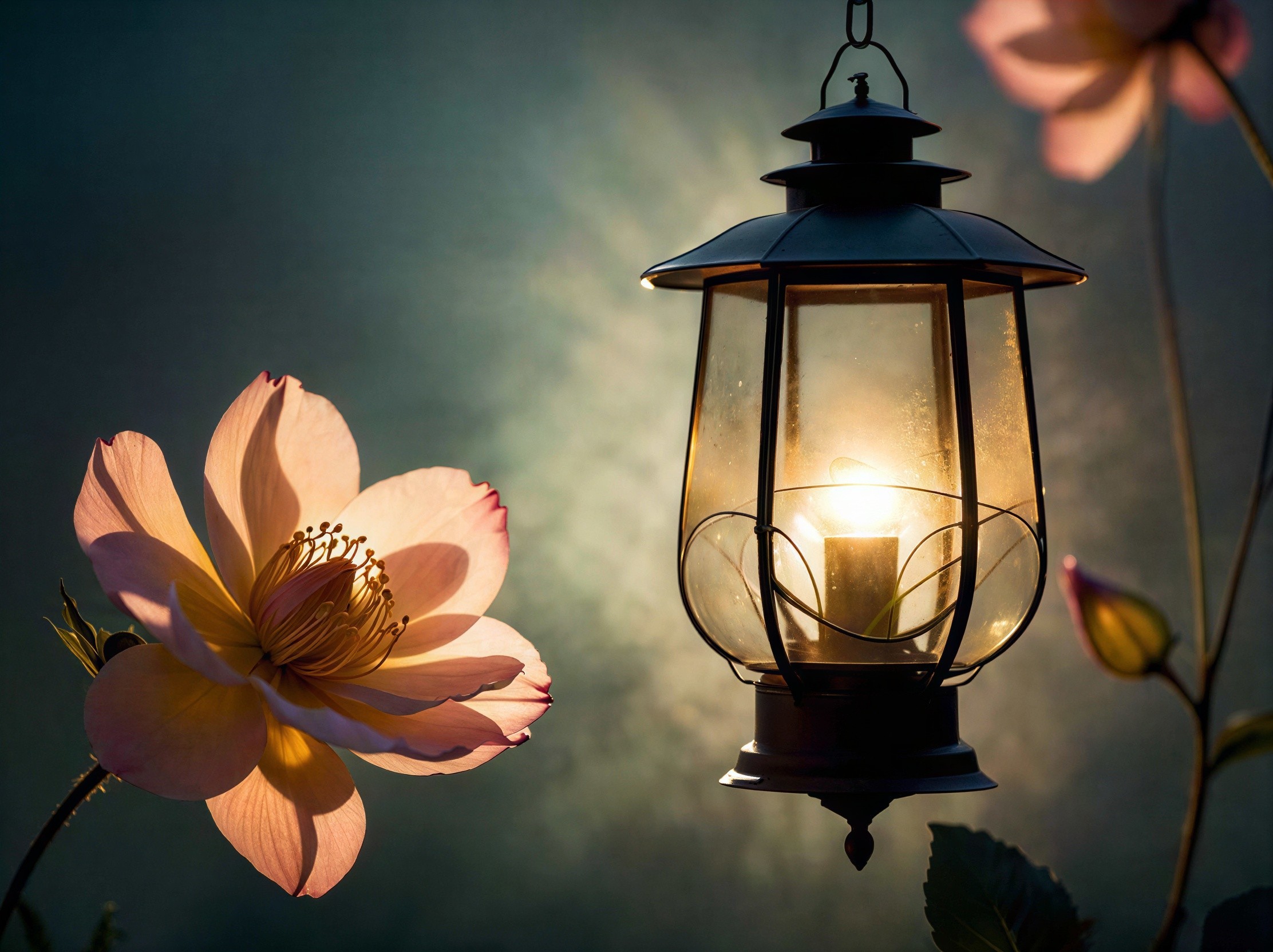 Illuminated Flowers and Vintage Lantern in Soft Light