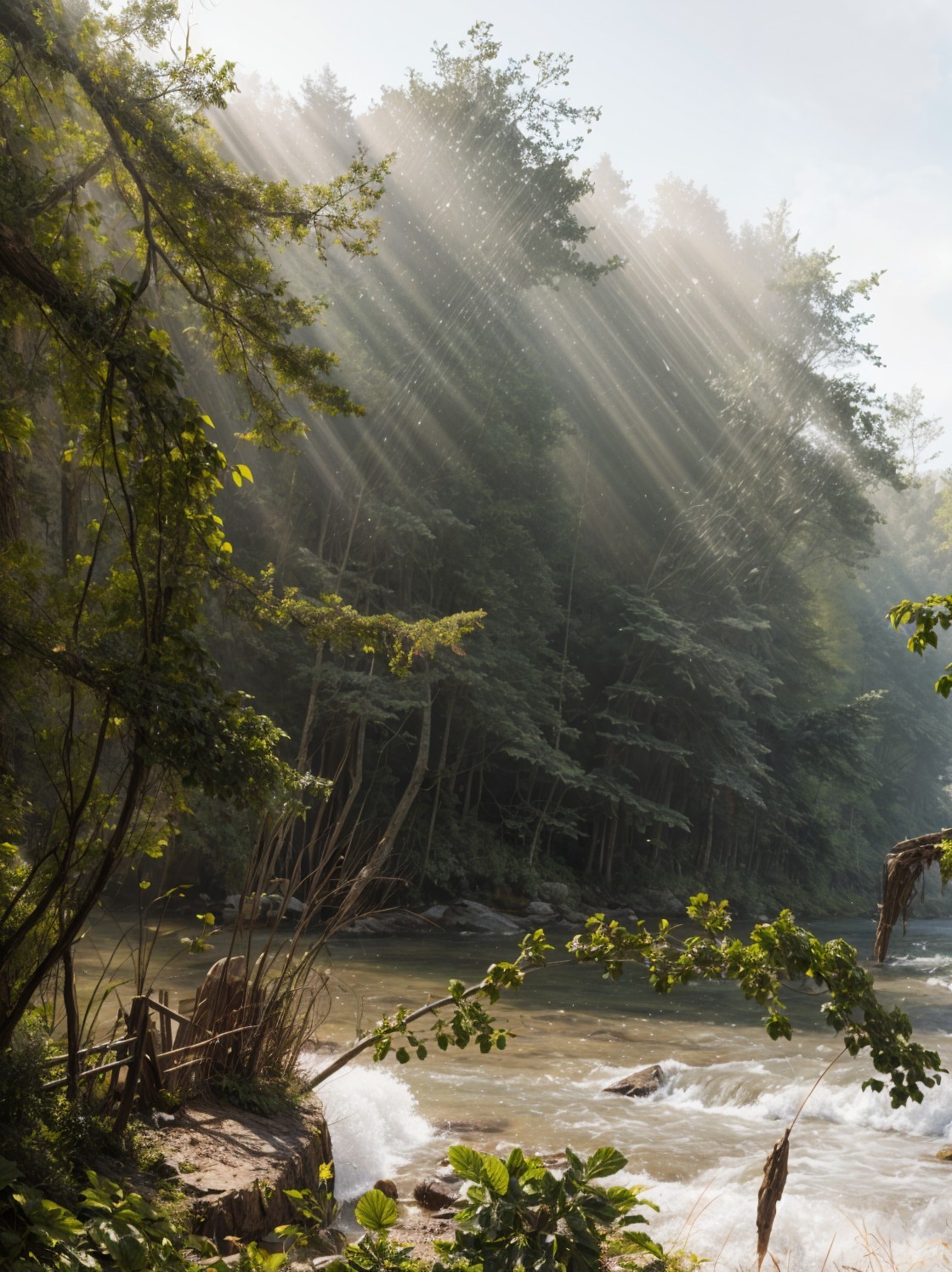 Sunlight and Reflections in a Tranquil River Landscape