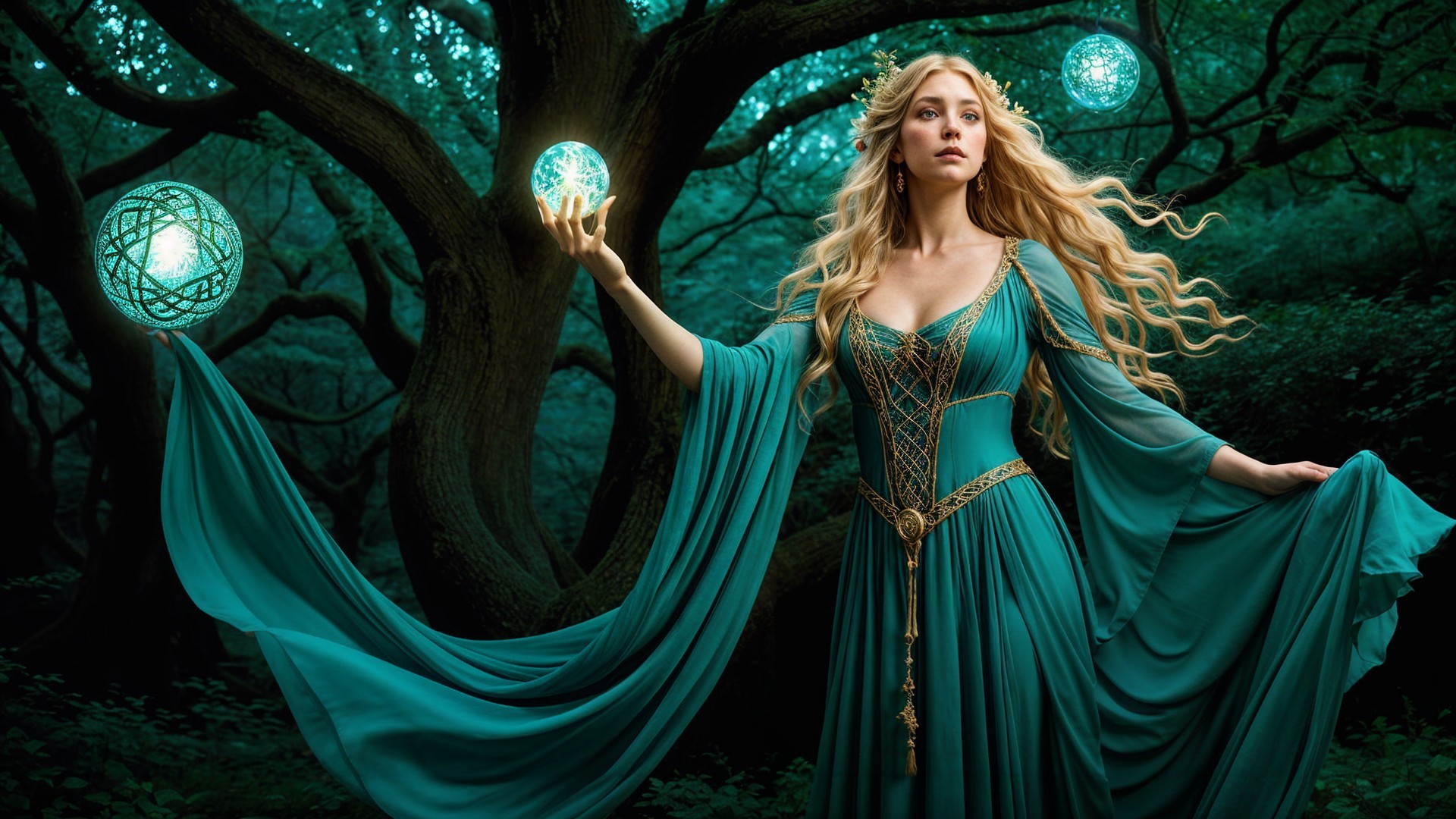 Regal figure in turquoise gown in mystical forest