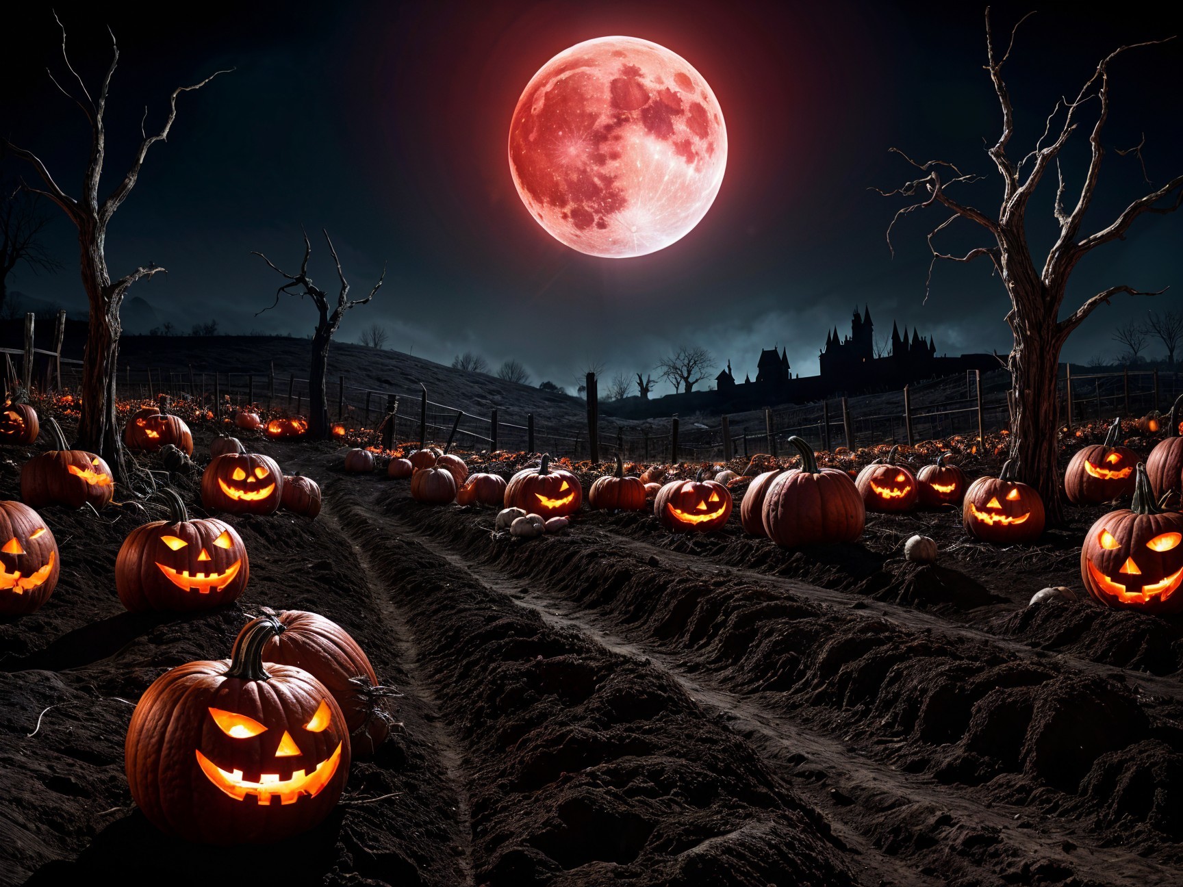 Haunting Halloween Scene with Pumpkins and Castle