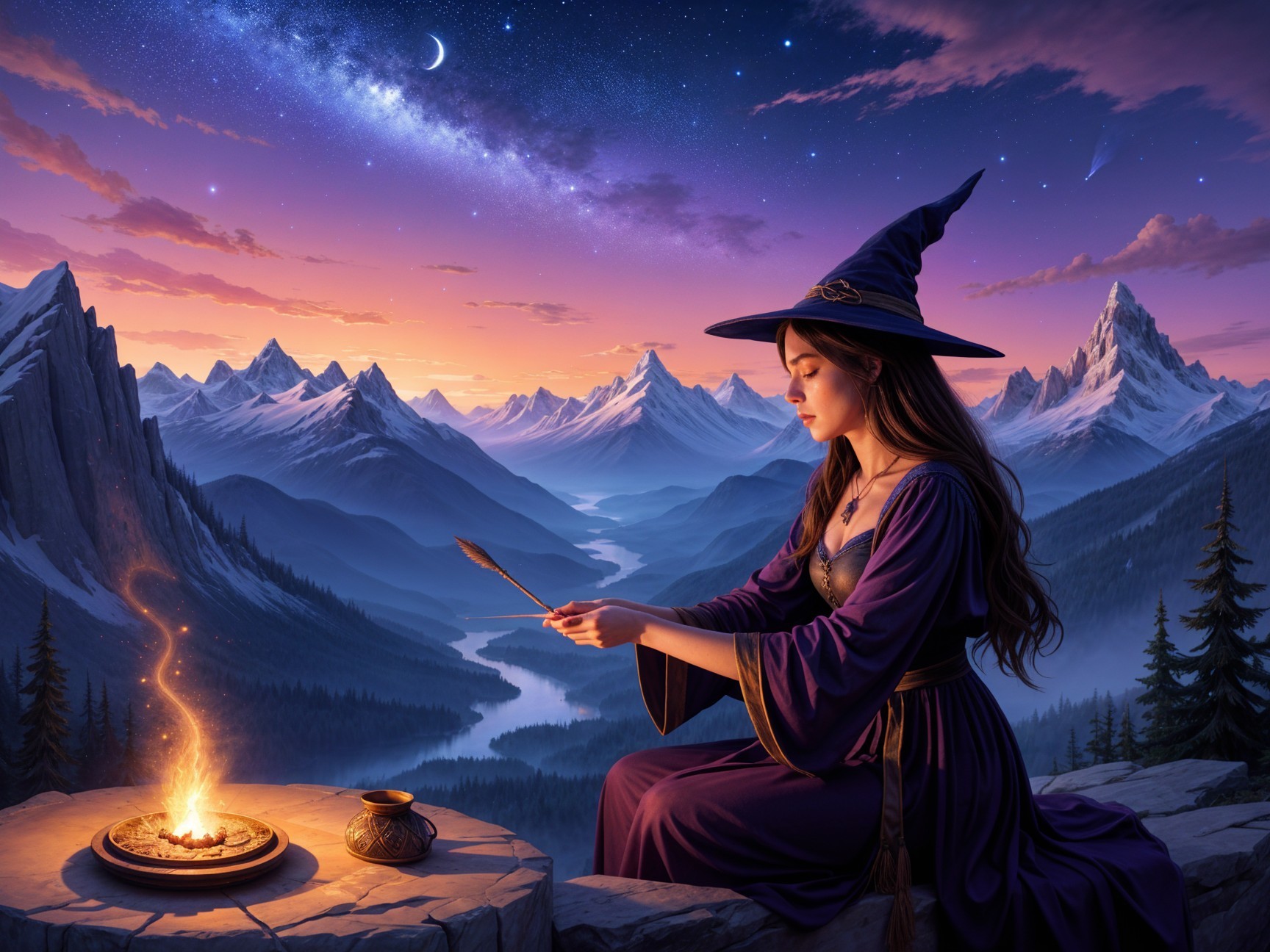 Young Woman by Campfire Under Starry Twilight Sky
