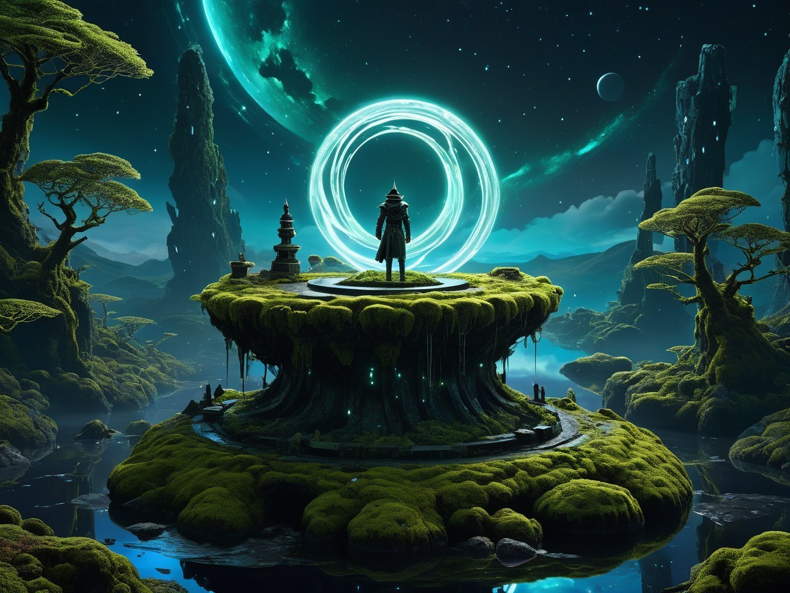 Lone Figure in Mystical Landscape with Ethereal Portal