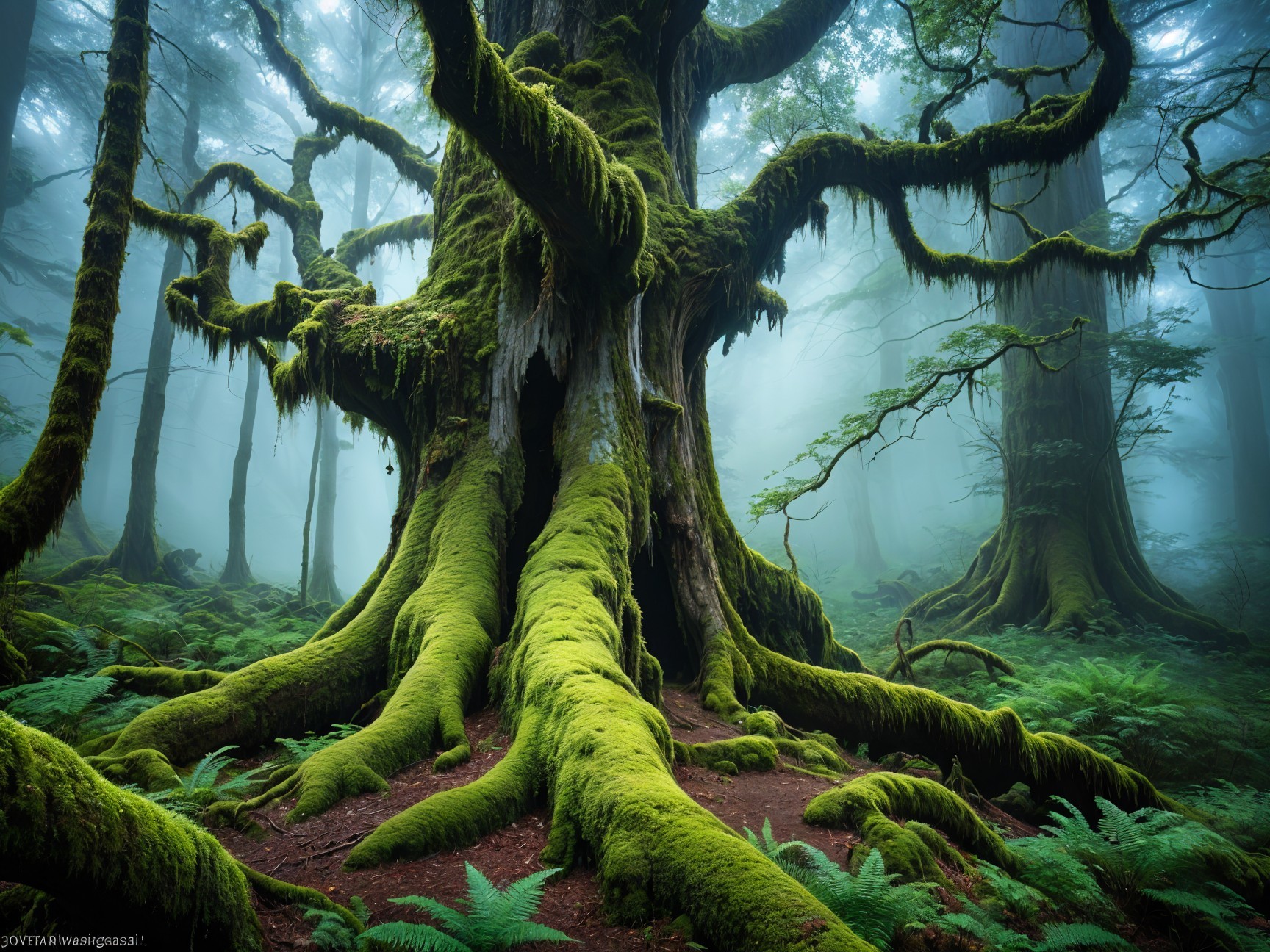 Majestic tree in a misty forest with vibrant moss