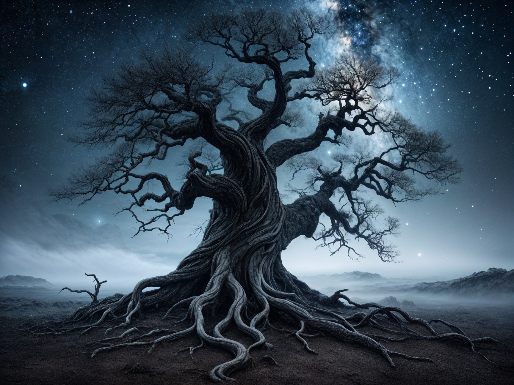 Ancient Tree Under Starry Night with Misty Landscape